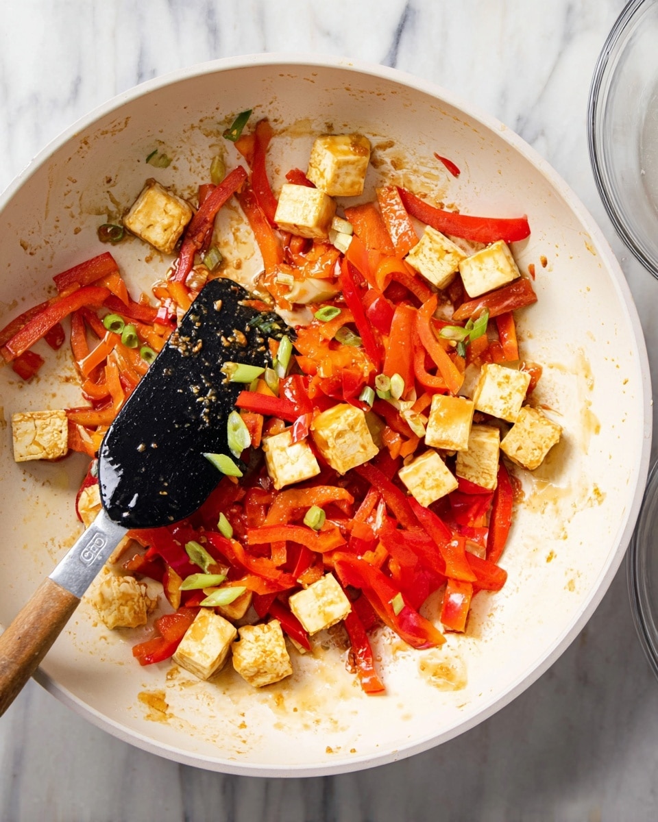 A white pan contains cooked tofu cubes and red bell pepper strips mixed with small green onion slices. The tofu cubes are light yellow with a slight golden-brown hue, and the red bell peppers are bright and juicy-looking, sliced thin and scattered evenly throughout. There is a black spatula with a silver handle and light brown wood grip resting in the pan, slightly covered in oil and small green onion pieces. The pan sits on a white marbled surface, with a transparent bowl partially visible on the side. photo taken with an iphone --ar 4:5 --v 7