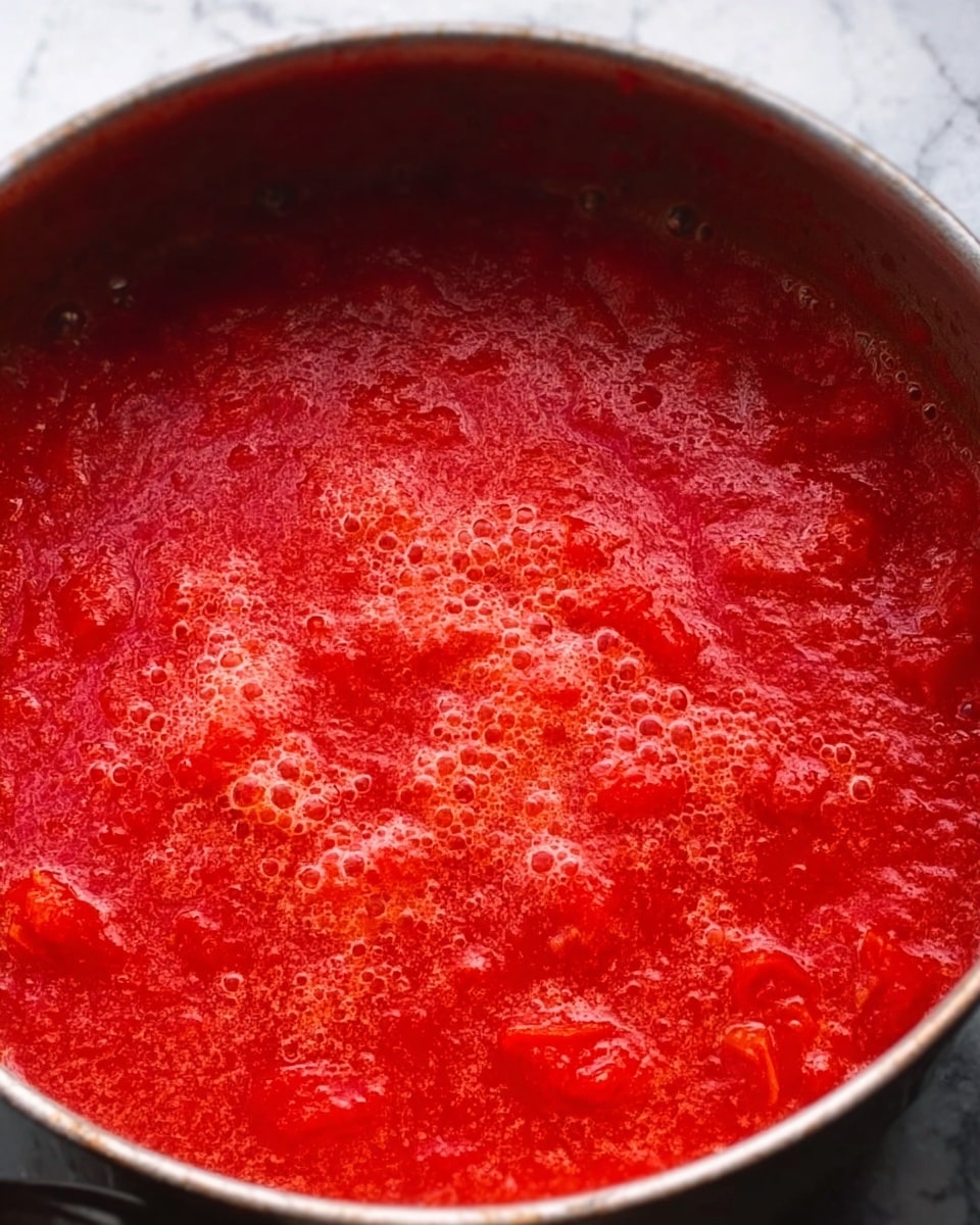 The image shows a close-up of a pot filled with bright red tomato sauce that is bubbling gently. The sauce has a thick texture with small pieces of tomato visible throughout. The surface is lively with bubbles popping, creating a frothy effect around the edges. The pot’s rim is visible at the top, slightly blurred to focus on the sauce inside. The background is a white marbled texture. photo taken with an iphone --ar 4:5 --v 7