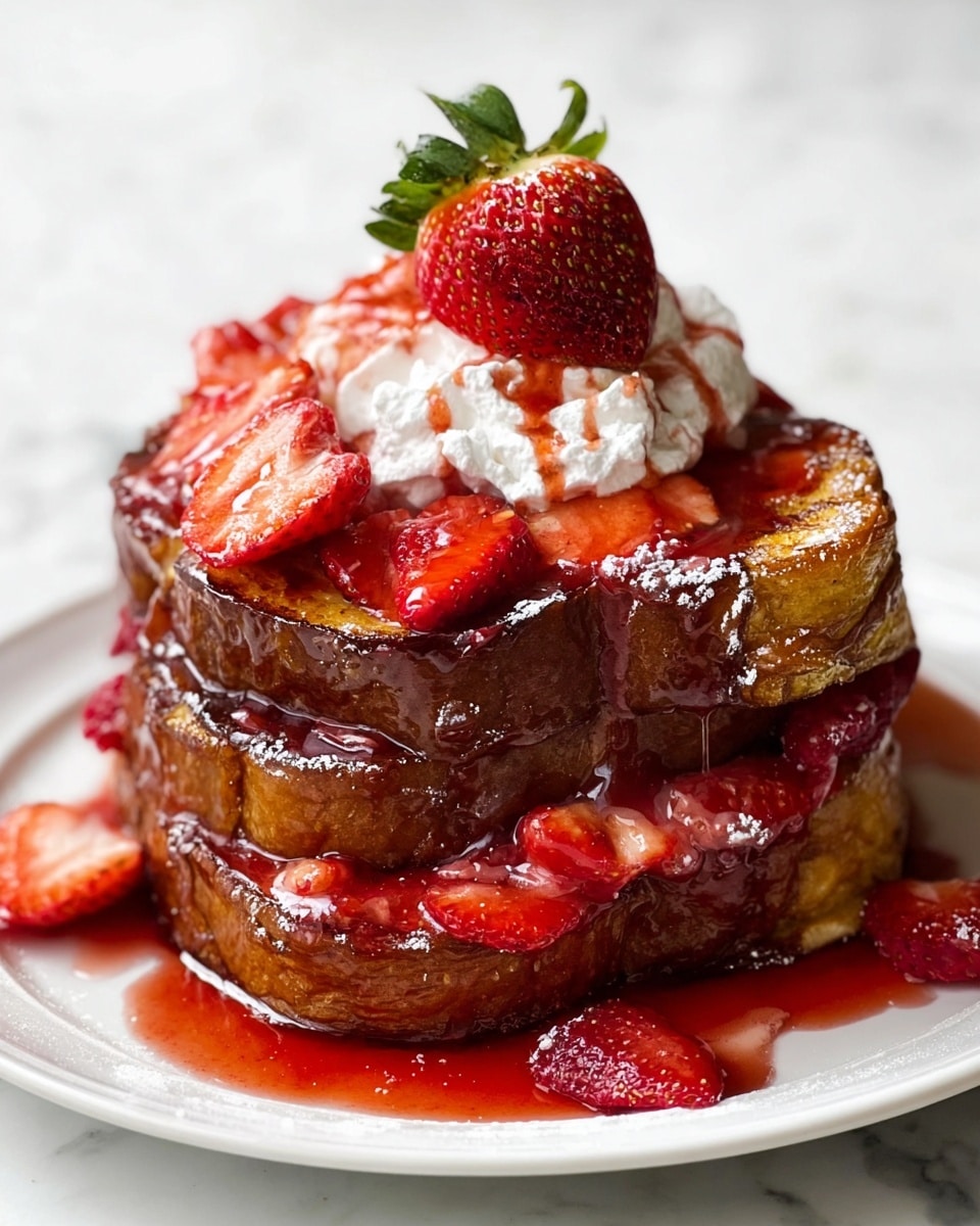 A white plate holds two thick slices of golden brown French toast stacked on top of each other, drenched in a shiny red strawberry sauce with visible strawberry pieces scattered over and around the toast. On top of the stack is a generous dollop of white whipped cream, with an additional swirl of whipped cream placed beside the toast on the plate. Two fresh strawberry halves with their green leaves are placed on the plate next to the toast. A silver fork lies behind the toast on the plate. The plate stands on a white marbled surface. photo taken with an iphone --ar 4:5 --v 7