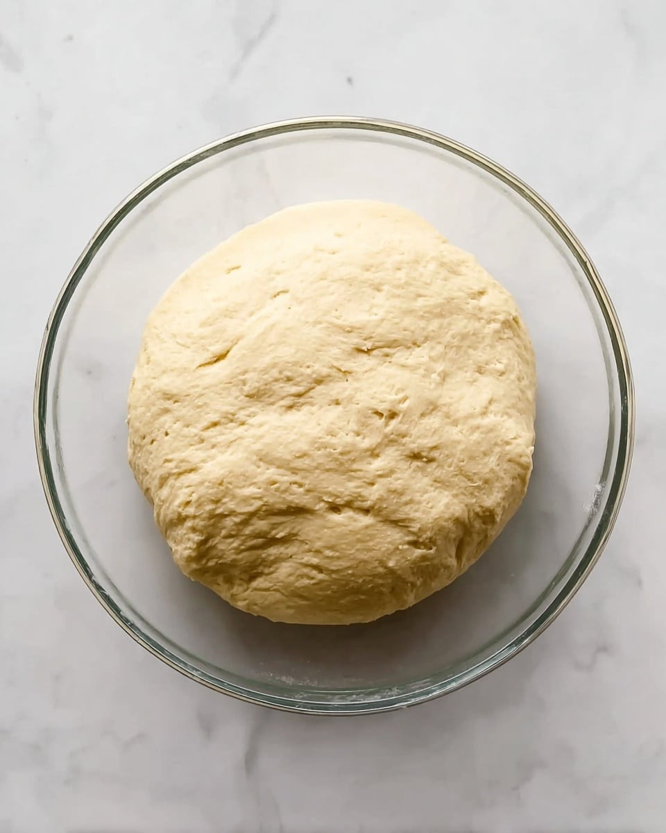 A single large round ball of light beige dough with a soft, slightly bumpy texture sits in a clear glass bowl, filling most of its space. The bowl is placed on a white marbled surface, and the dough appears fluffy and risen, with slight indentations visible on its smooth yet slightly uneven top. There are no other objects or colors around, giving full attention to the dough and the bowl. photo taken with an iphone --ar 4:5 --v 7