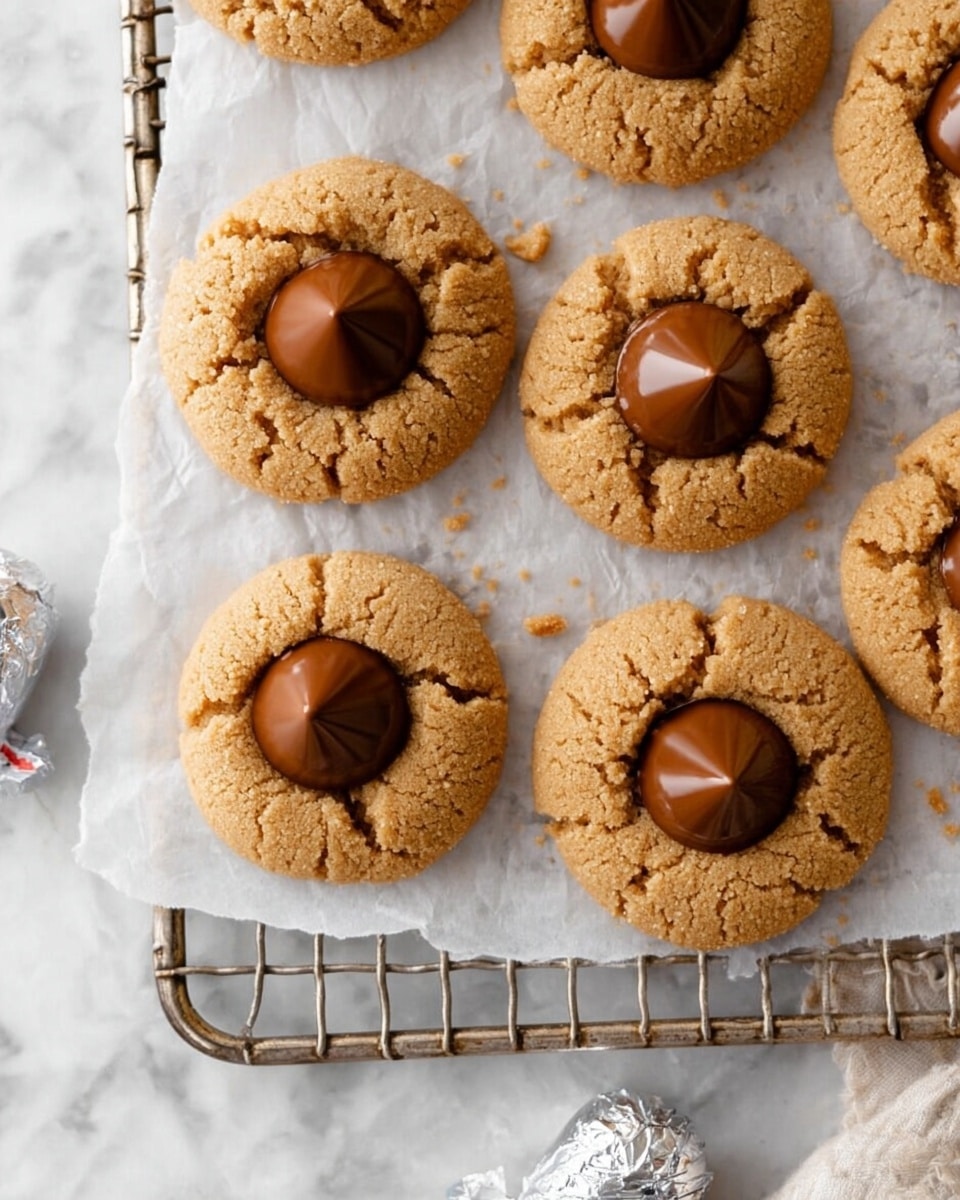 The image shows a group of six round peanut butter cookies with a cracked, golden-brown texture. Each cookie has a smooth, shiny dollop of milk chocolate centered on top, with the chocolate forming one raised, conical shape per cookie. The cookies rest on a sheet of parchment paper placed over a metal cooling rack. The surface beneath is a white marbled texture, adding subtle light grey veins and texture. One Hershey’s kiss chocolate and one wrapped silver Hershey’s kiss are near the edge of the metal rack. The overall look is warm and homemade, highlighting the rough cookie texture and smooth chocolate peaks. Photo taken with an iphone --ar 4:5 --v 7