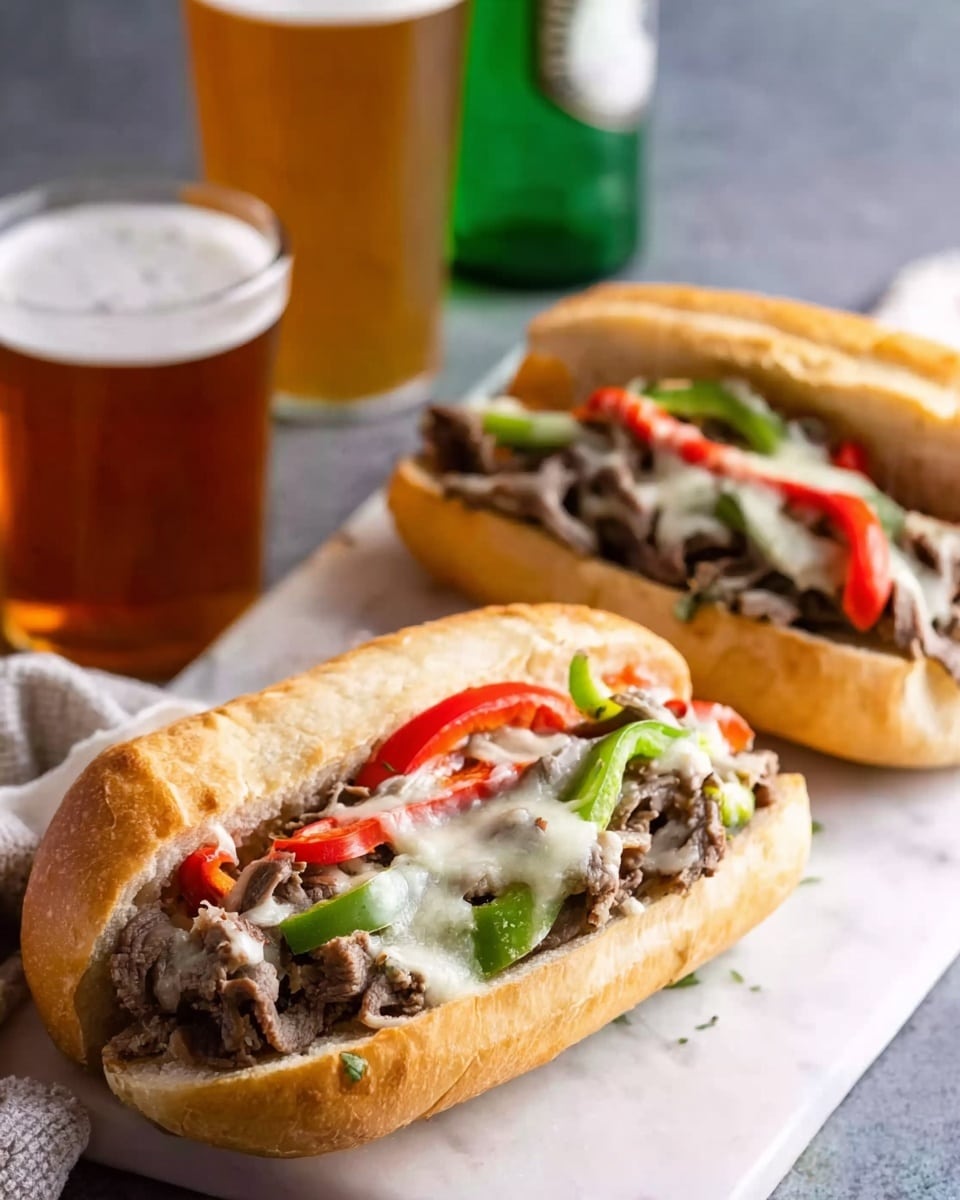 Two sub sandwiches sit on a white marbled surface, each filled with a generous layer of thinly sliced cooked beef mixed with melted white cheese and tender slices of red and green bell peppers. The sandwiches use soft, lightly toasted white hoagie rolls with a golden crust. Behind the sandwiches, there is a tall glass of amber beer with foam at the top and a green bottle next to it. The scene is bright, showing a fresh and inviting meal. Photo taken with an iphone --ar 4:5 --v 7