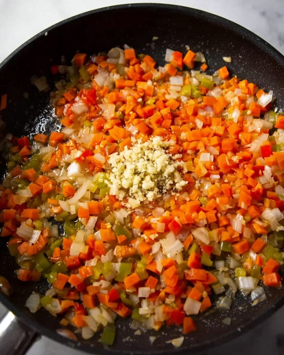 A close-up view of a black cooking pan filled with finely chopped vegetables being cooked. The vegetables include small pieces of orange carrots, white onions, and green peppers mixed evenly throughout the pan. There is also minced garlic visible in a small pile on top of the vegetables, adding texture variety. The cooking surface inside the pan looks hot and slightly shiny from the oil used. The pan rests on a white marbled surface. photo taken with an iphone --ar 4:5 --v 7