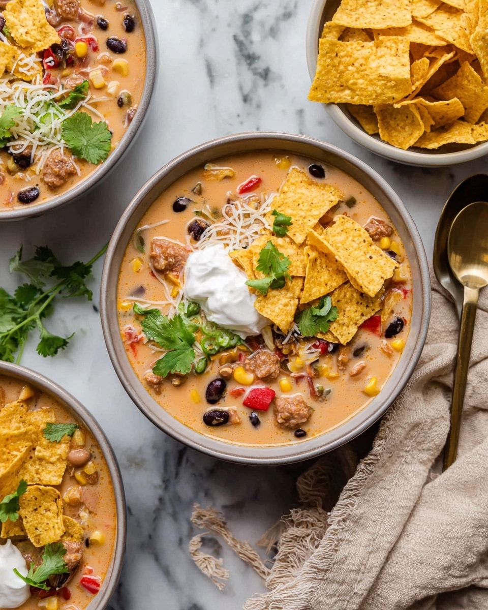 The image shows a bowl filled with creamy soup that has a light orange color and mixed with layers of black beans, white beans, corn, red peppers, and chunks of light brown meat. On top, there is a layer of crushed yellow tortilla chips, a dollop of white sour cream, some shredded white cheese, and fresh green cilantro leaves. Around the bowl are two other bowls, one filled with more yellow tortilla chips and the other with the same creamy soup topped with sour cream and tortilla chips. The setting has a white marbled surface and a beige cloth with a spoon nearby. photo taken with an iphone --ar 4:5 --v 7