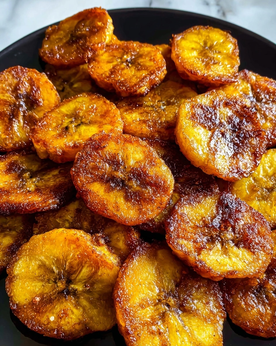 The image shows a close-up of one layer of fried plantain slices arranged closely together on a shiny white plate. Each slice is golden brown with a caramelized, slightly crispy texture, showing some darker browned spots on the edges and surfaces. The plantains have a shiny, oily coating that catches the light, making them look freshly cooked and glistening. The background is a white marbled surface. photo taken with an iphone --ar 4:5 --v 7