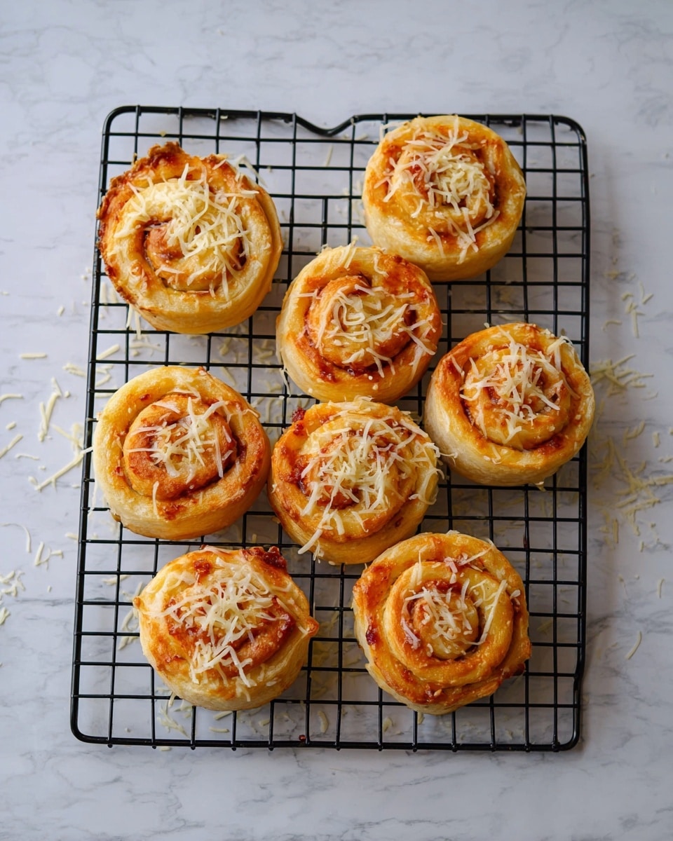 A black metal cooling rack holds seven small, round swirled rolls arranged loosely, with a few strands of white shredded cheese scattered over them and the white marbled surface beneath. Each roll has a golden-brown top layer showing the swirl pattern clearly, with a slightly buttery and soft texture, and edges that look lightly baked and firm. The swirls are darker orange and slightly shiny as a filling inside each roll. The entire scene is set on a white marbled surface with some cheese shreds scattered around. photo taken with an iphone --ar 4:5 --v 7