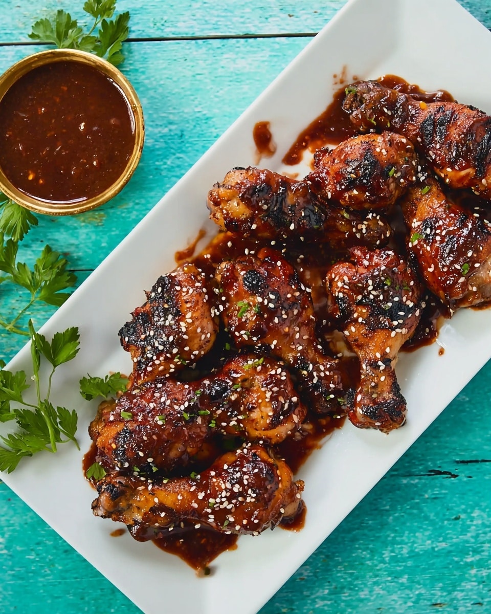 A white rectangular plate holds about ten grilled chicken drumsticks covered in a shiny, thick dark brown sauce with some charred spots for texture. The drumsticks are scattered on the plate, with sauce pooling at the bottom and sprinkled with small white sesame seeds. To the left side of the plate, there is a small gold bowl filled with a similar dark brown sauce. Several bright green parsley sprigs lie nearby on a turquoise wooden surface, which is changed to a white marbled texture. The photo is taken with an iphone --ar 4:5 --v 7
