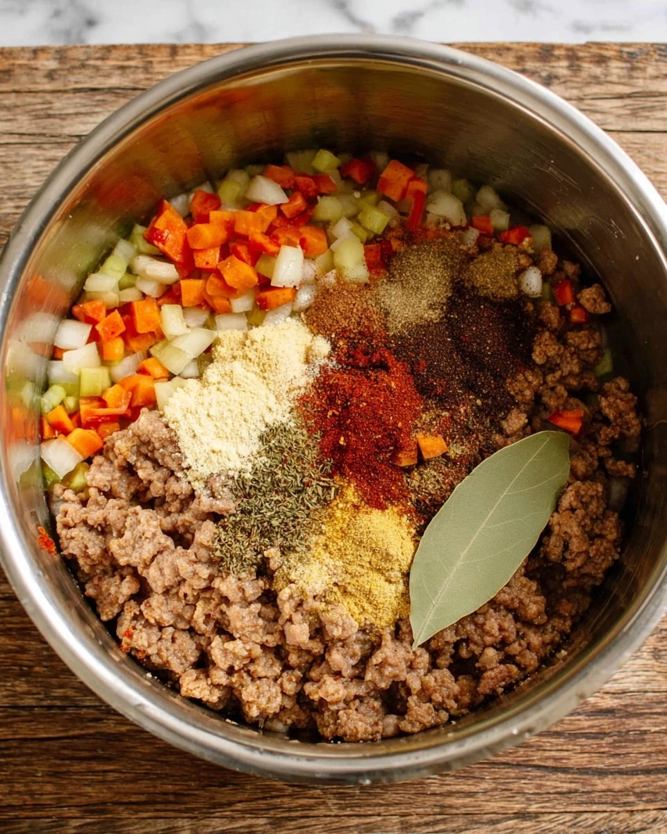 Inside a shiny silver pot, the bottom half is filled with cooked ground meat, light brown with a crumbly texture and scattered small red bits. Above the meat, there is a colorful mix of diced vegetables mainly in orange, green, and white hues. On top of these vegetables, multiple layers of spices and seasoning powders are spread, showing dark brown, reddish, and pale yellow colors. A green bay leaf rests to the right among the spices. The pot sits on a rough wooden surface replaced by a white marbled texture. photo taken with an iphone --ar 4:5 --v 7