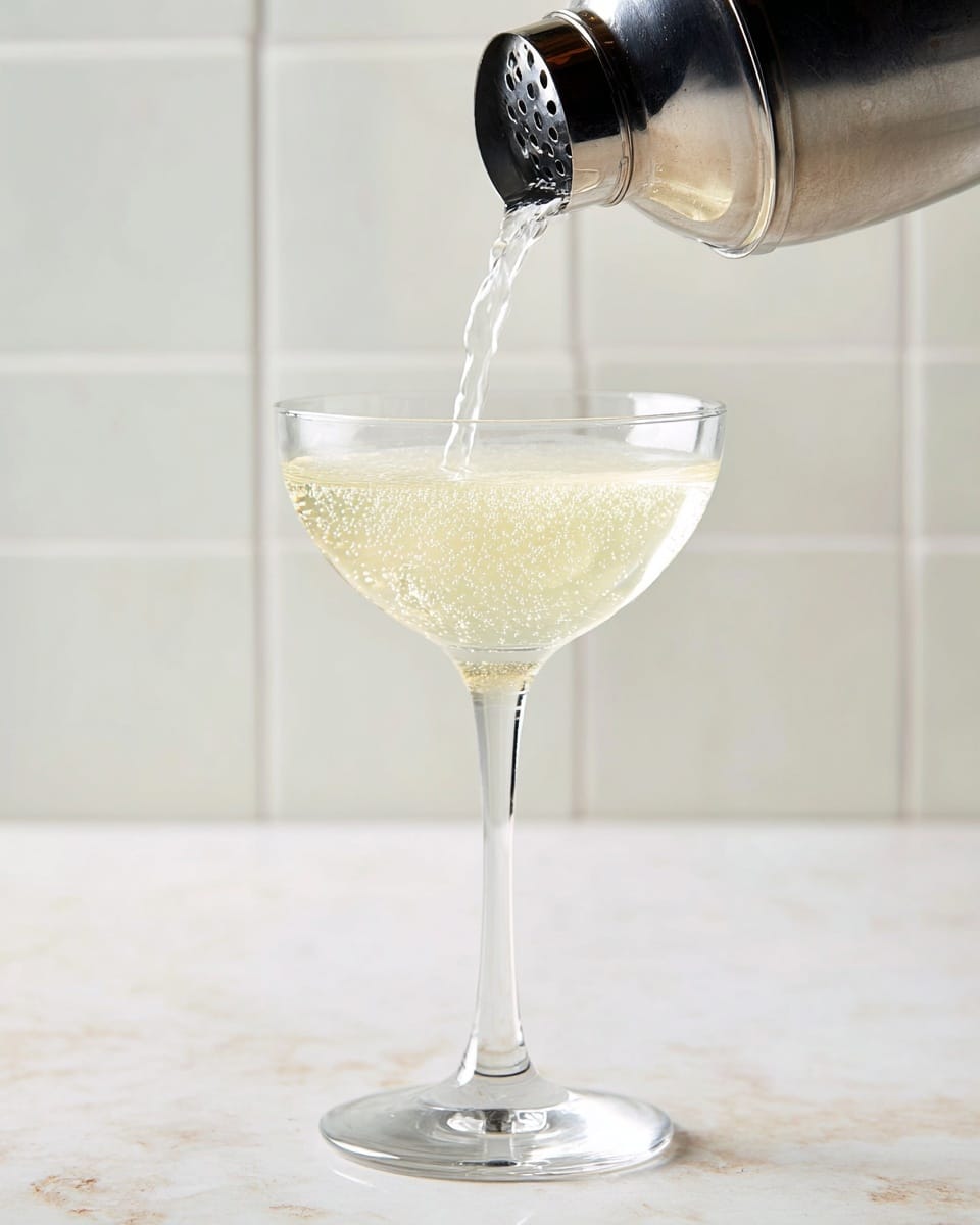A clear martini glass standing on a white marbled surface is being filled with a light yellow liquid from a silver and black shaker at the top right corner. The cocktail inside the glass has tiny bubbles visible throughout, creating a fizzy look. The glass is tall with a thin stem and a wide rim, and the background shows a soft white tiled wall. photo taken with an iphone --ar 4:5 --v 7
