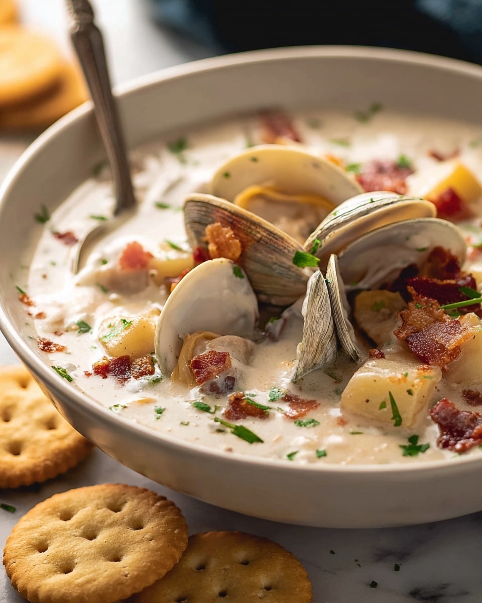A close-up photo of a creamy clam chowder served in a white bowl, filled with three open clamshells emerging from the soup. The chowder is thick and pale with pieces of diced light brown potatoes, crispy reddish-brown bacon bits, and chopped green herbs scattered on top. Small round oyster crackers surround the base of the bowl on a white marbled surface. A silver spoon is partially dipped into the soup inside the bowl. The scene is softly lit, showing the smooth texture of the chowder and the crunchy texture of the crackers photo taken with an iphone --ar 4:5 --v 7