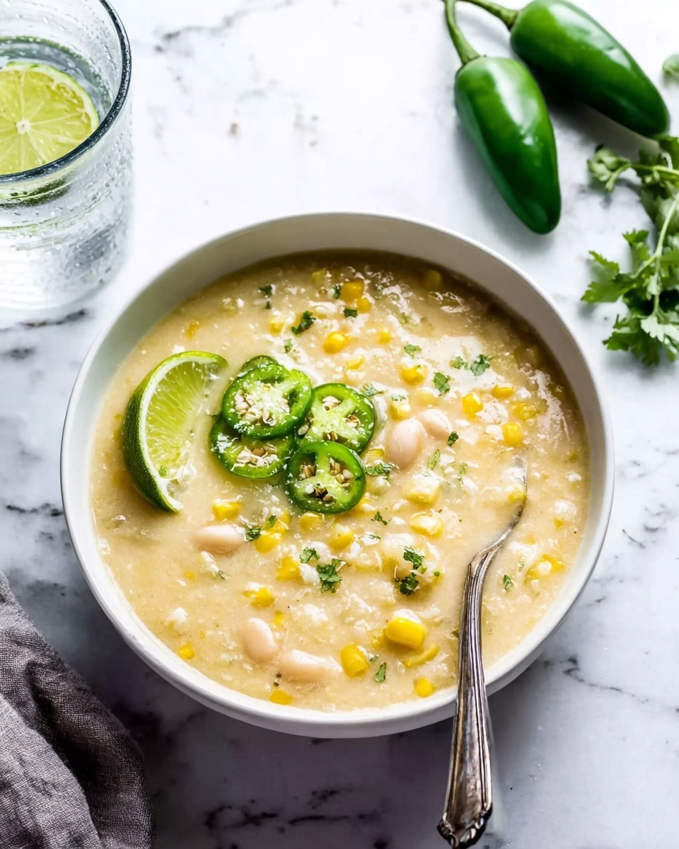 The image shows a bowl of creamy, pale yellow soup with visible white beans and bits of yellow corn mixed in. On top are thinly sliced green chili pieces scattered around, adding a sharp green color, along with small green herb pieces. A thin lime slice rests on the edge of the bowl, adding a bright green accent. A silver spoon is placed inside the bowl on the right side. The bowl is white and sits on a white marbled surface, near two whole green chilies and some fresh green herbs. In the background, there is a glass with clear water and a lime wedge inside. Photo taken with an iphone --ar 4:5 --v 7
