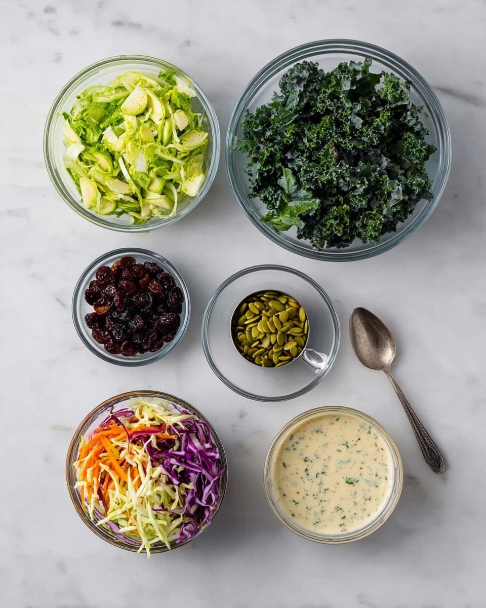 Five small bowls and a small metal spoon cup are arranged on a white marbled surface. The top right bowl contains chopped dark green kale leaves with a rough texture. To the left of it is another bowl filled with sliced pale green Brussels sprouts. Below those are a pile of dried dark red cherries close to a metal spoon cup holding green pumpkin seeds. The bottom right bowl holds a mix of shredded vegetables in thin strips, including purple cabbage, orange carrot, and white cabbage. Next to it on the right is a small white bowl with a creamy dressing speckled with herbs. All bowls are clear glass except the dressing bowl. Photo taken with an iphone --ar 4:5 --v 7