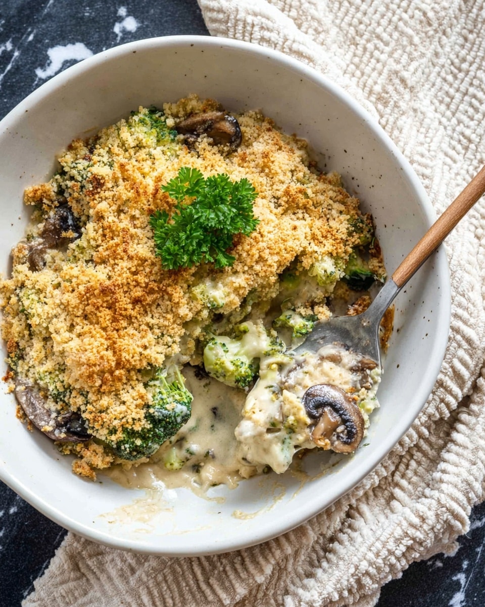 A white bowl holds a creamy casserole with two main layers: the bottom layer is a mix of bright green broccoli florets and soft brown mushrooms covered in a light beige creamy sauce, and the top layer is a crumbly golden-brown breadcrumb crust sprinkled unevenly. A spoon is scooping a portion, showing the creamy texture and chunky vegetables underneath. A small sprig of green parsley rests on top for color. The bowl sits on a white marbled surface with a cream knit cloth and a striped cloth nearby. Photo taken with an iphone --ar 4:5 --v 7