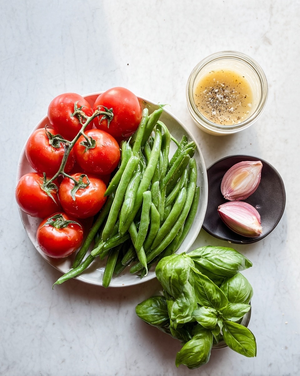 The image shows a white plate full of fresh red tomatoes on the vine and bright green beans piled on top. Next to the plate is a small black dish holding two halves of a purple shallot and a small bunch of fresh green basil leaves. To the right of that is a clear glass jar with a light yellow dressing topped with small bits of shallot and a sprinkle of black pepper. All items are placed on a white marbled surface. Photo taken with an iphone --ar 4:5 --v 7