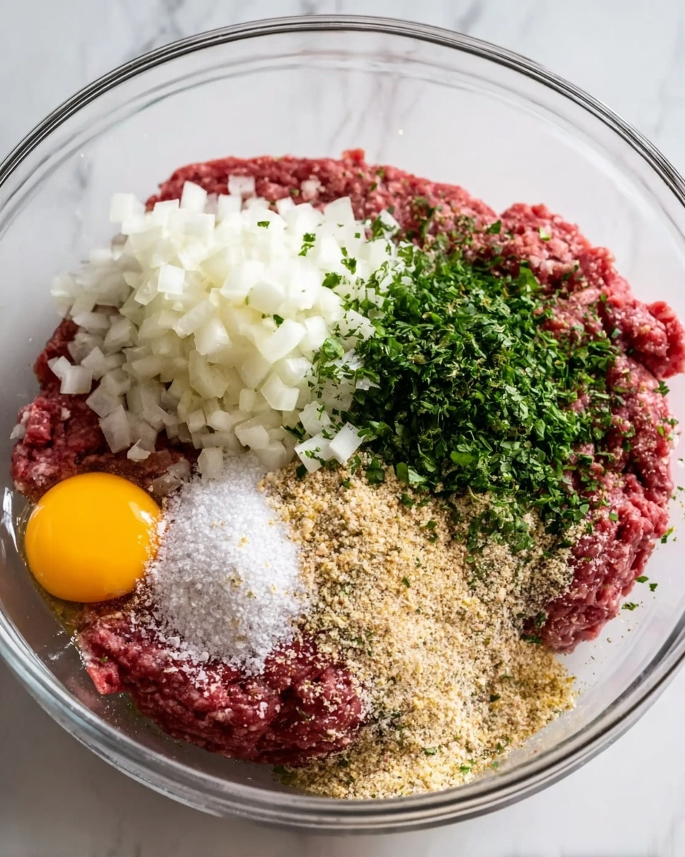 In a clear glass bowl with a white marbled background, there is one thick layer of raw ground red meat spread out flat. On top of the meat, on the left side, there is a pile of chopped white onions. On the right side, there are fresh green chopped herbs, along with several piles of light brown breadcrumbs and a sprinkling of white salt and black pepper. Two raw egg yolks with their whites are placed near the bottom edge of the meat layer, one closer to the left side and the other near the bottom center. The whole dish is unblended and its ingredients are clearly separated. Photo taken with an iphone --ar 4:5 --v 7