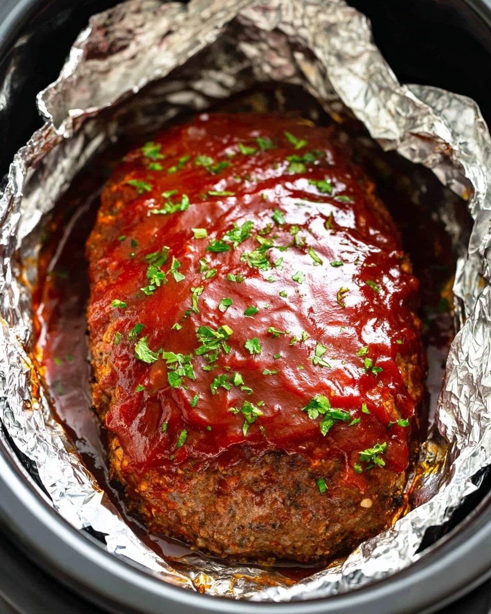 A single large meatloaf sits nestled inside crinkled silver foil, placed in a black slow cooker. The meatloaf is covered with a thick layer of shiny reddish-brown sauce spread evenly on top, garnished with small, bright green chopped herbs scattered across the surface. The foil lining inside the cooker reflects light, creating shiny highlights around the meatloaf. The image is closely framed, focusing on the meatloaf's textured surface and the smooth sauce layer. photo taken with an iphone --ar 4:5 --v 7
