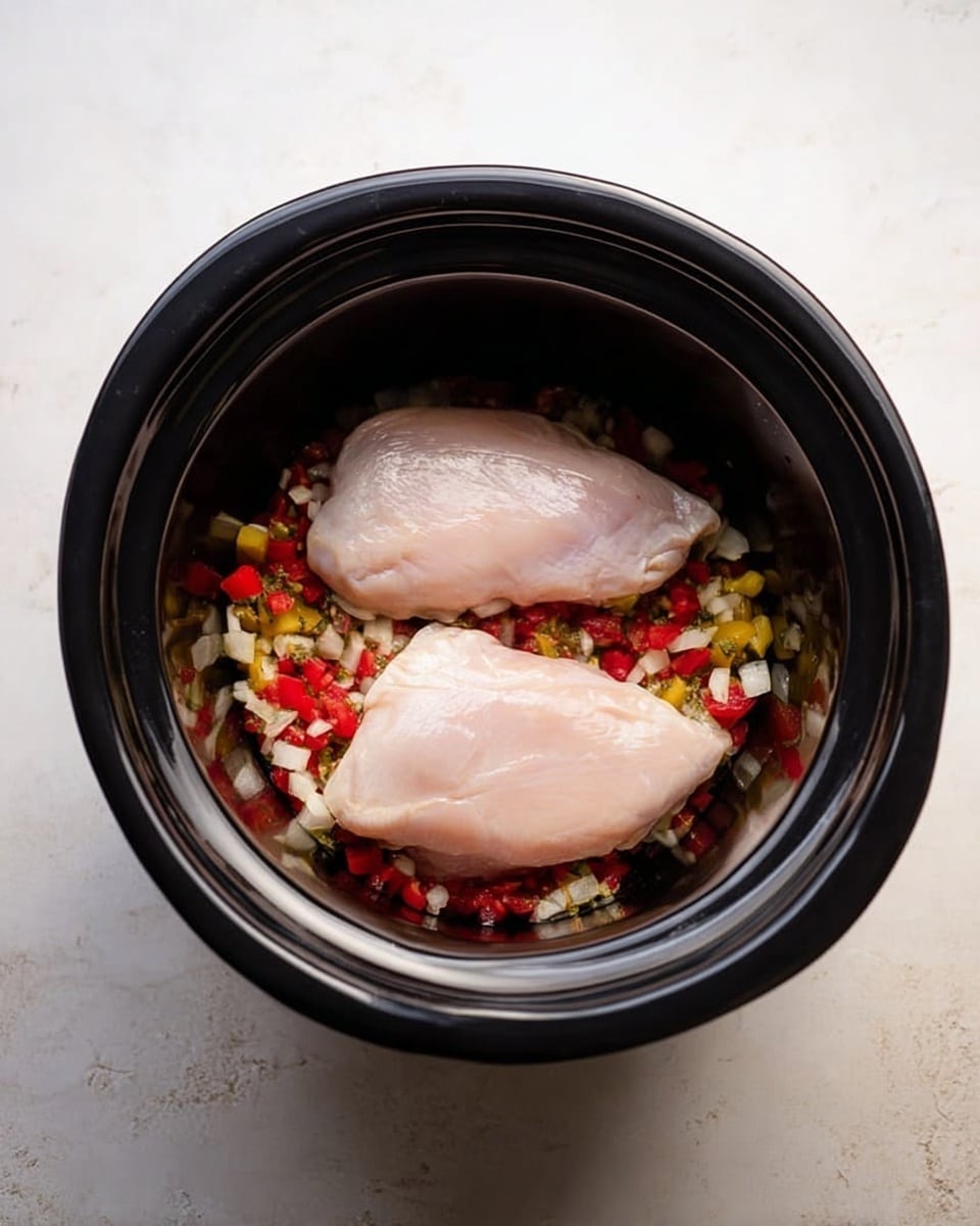 Inside a black slow cooker, two raw pale pink chicken pieces lie on top of a colorful layer of diced vegetables including red tomatoes, white onions, and yellow peppers. The slow cooker rests on a white marbled surface, creating contrast with the dark pot and the light colors inside. The chicken pieces are centered, smooth, and slightly shiny, while the vegetable layer beneath is finely chopped and scattered evenly. The overall look is simple and fresh, showing the beginning stage of cooking. photo taken with an iphone --ar 4:5 --v 7