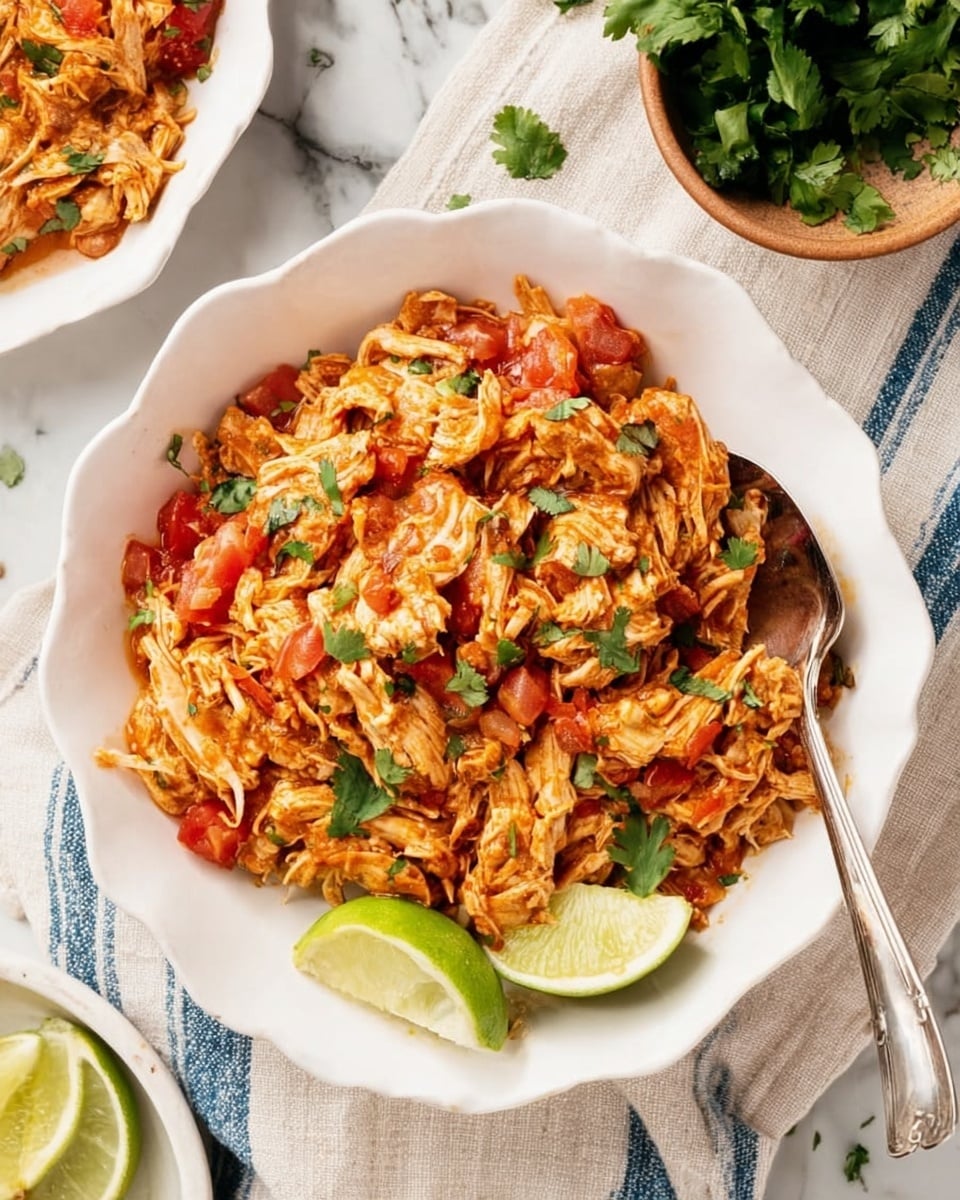 The dish shows shredded orange-brown chicken mixed with red diced tomatoes and small greenish-brown pieces, all placed in a round white scalloped bowl. On top, there are small bright green cilantro leaves scattered across the chicken mixture. Three lime wedges with bright green skin and pale yellow-green flesh sit on one side of the bowl. A silver spoon is placed inside the bowl, its handle resting on the bowl’s edge. The bowl sits on a beige cloth with blue stripes, all set against a white marbled surface. Additional lime wedges and parts of other white bowls with similar food items appear around the main bowl photo taken with an iphone --ar 4:5 --v 7