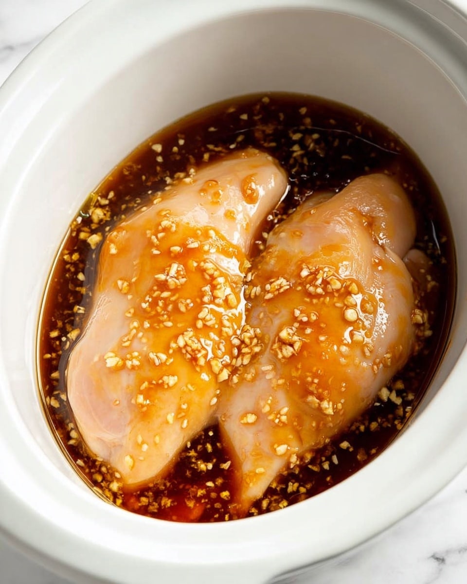 Inside a white crockpot, two smooth, pale pink pieces of raw chicken rest side by side, covered in a shiny, amber-brown sauce that pools at the bottom. The sauce is thick enough to cling onto the chicken and is speckled with small, light yellow bits of minced garlic spread evenly over the surface. The white crockpot contrasts with the rich, dark sauce giving a clear view of the glistening texture of the marinated chicken pieces. The backdrop is a white marbled surface. photo taken with an iphone --ar 4:5 --v 7