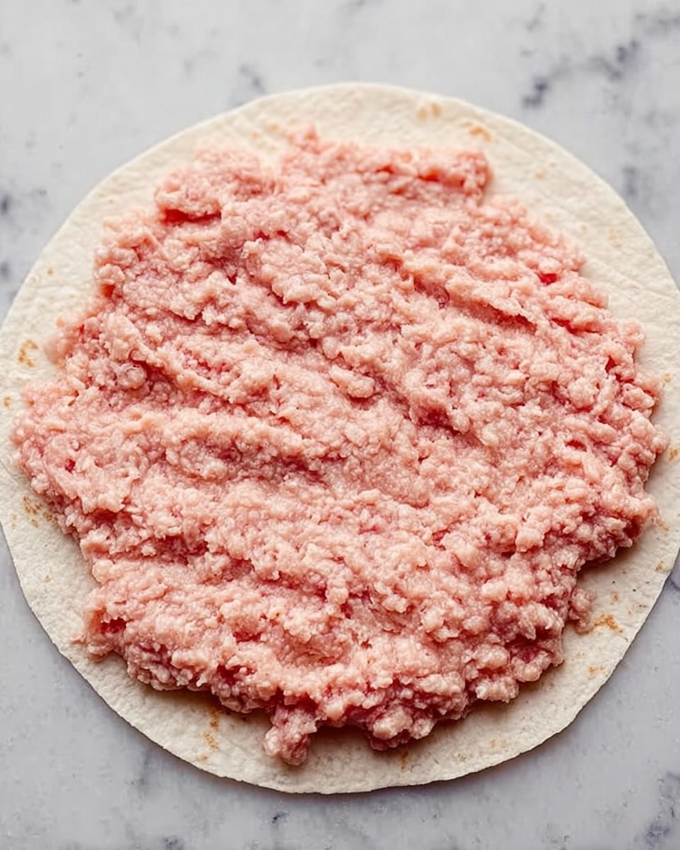 A round white tortilla lies flat on a white marbled surface, covered evenly with a layer of light pink raw ground meat. The meat layer has a slightly rough texture with some small uneven spots, spread to almost cover the entire tortilla, leaving a thin white edge visible around it. The colors focus on the soft pink meat and the bright white tortilla underneath. photo taken with an iphone --ar 4:5 --v 7