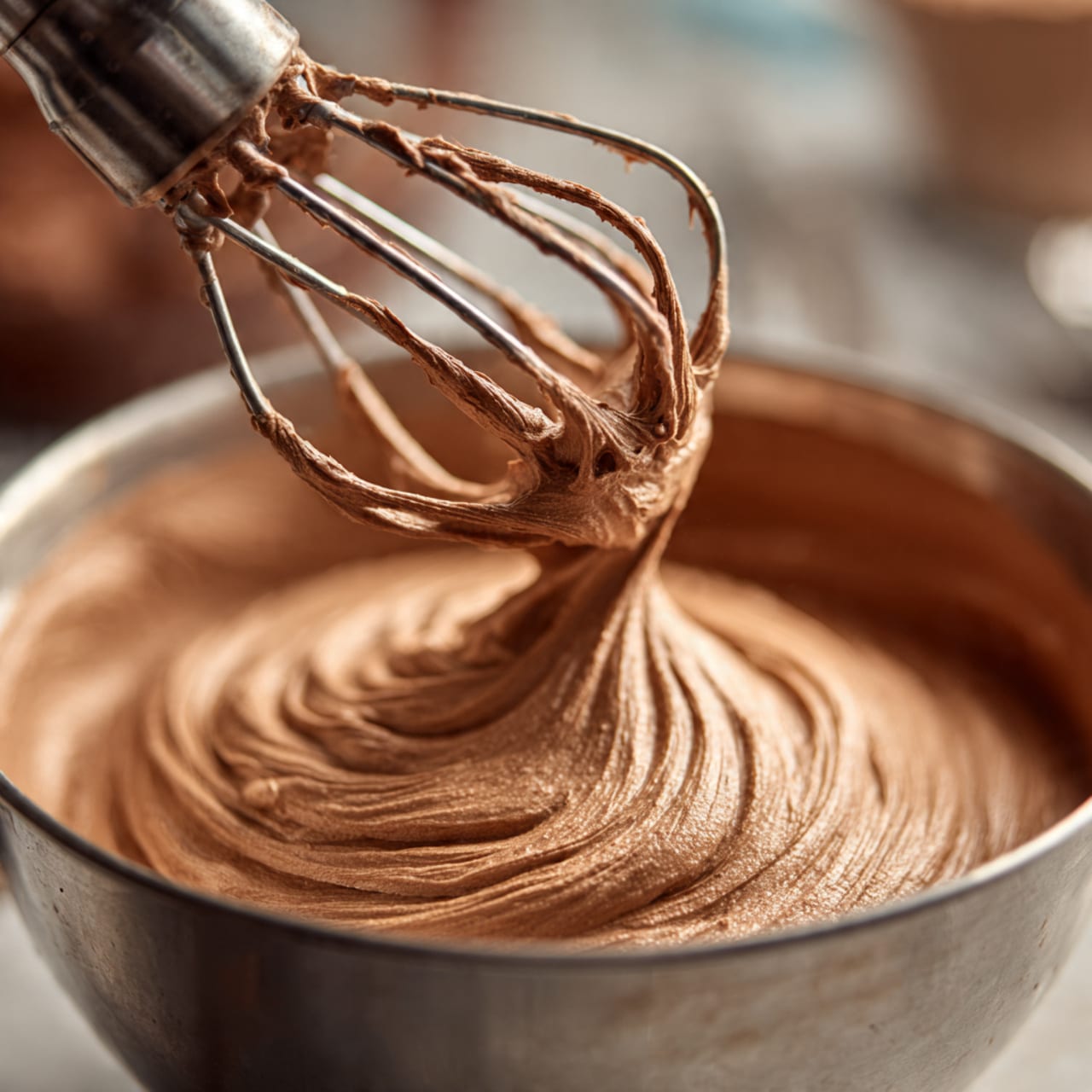 The image shows a close-up of a silver metal bowl filled with thick, smooth chocolate frosting being mixed by a metal whisk attachment. The creamy frosting has a rich brown color with soft swirls and peaks, showing its fluffy texture. The whisk is partially lifted, pulling some of the frosting upwards, creating a dynamic sense of motion. The background is blurred but hints at the kitchen environment, with the bowl and frosting clearly in focus. photo taken with an iphone --ar 4:5 --v 7