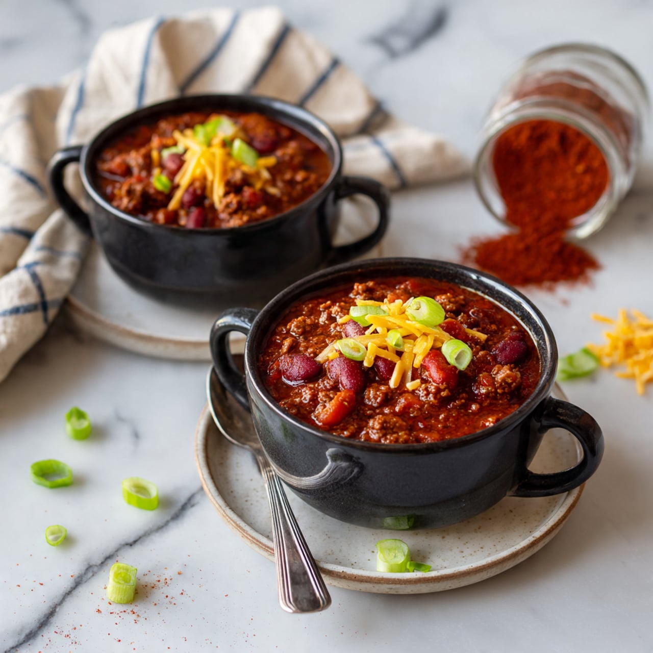 Two black bowls filled with chunky chili, each resting on a white plate. The chili has a rich red-brown color with visible kidney beans, ground meat, and tomato pieces. Each bowl is topped with thin strips of shredded yellow cheese and small green onion slices. Scattered around the bowls and on the white marbled surface are more green onion pieces and shredded cheese. A silver spoon lies beside the front bowl on the plate. In the background, a glass jar tipped over spills red chili powder on the surface. A beige cloth with blue stripes is placed near the top left corner of the scene. Photo taken with an iphone --ar 4:5 --v 7