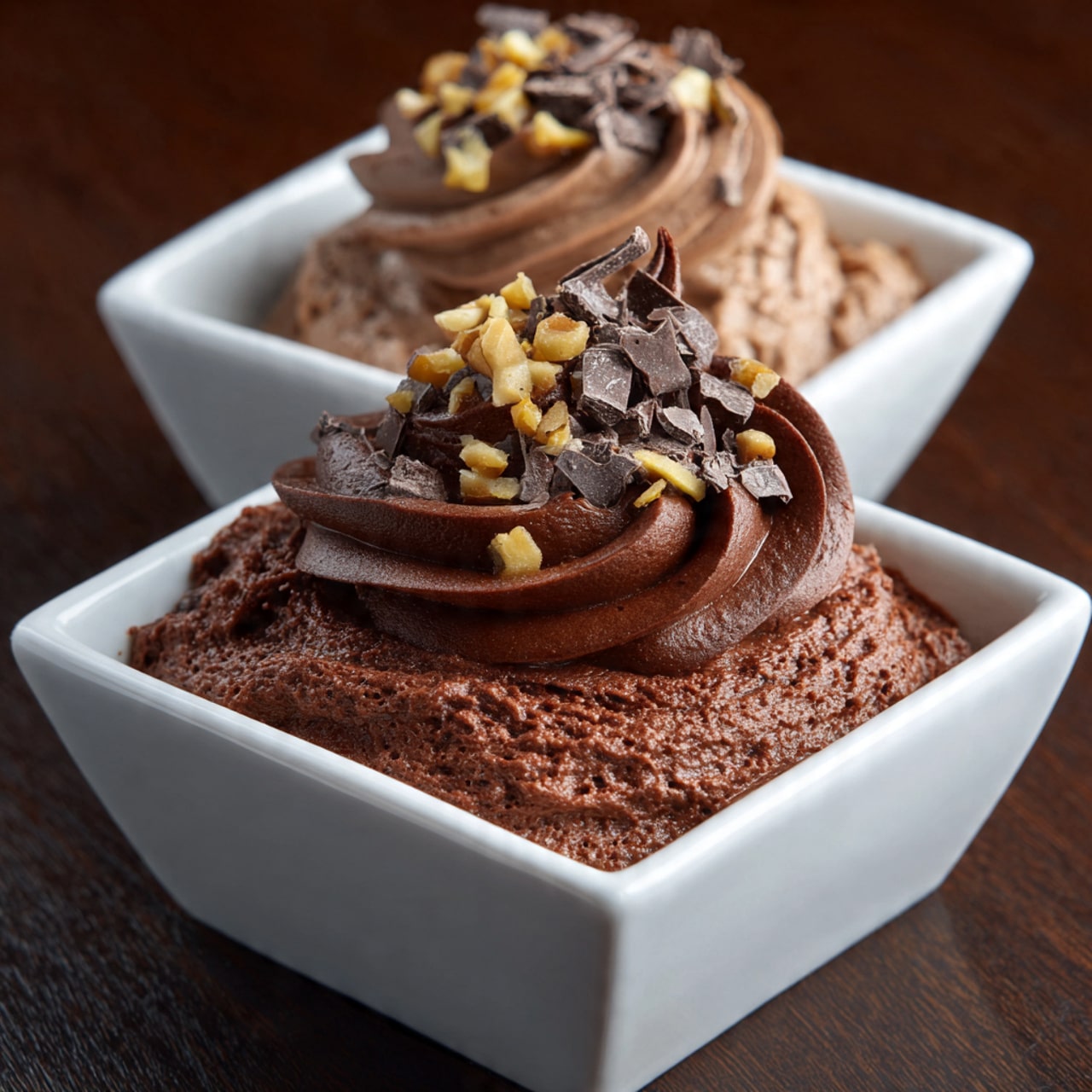 The image shows a white square bowl filled with a rich, dark brown chocolate mousse that is piped in two layers: a dense, textured layer at the bottom and a smoother, swirled layer on top. The mousse is garnished with small chopped nuts and thin chocolate shavings scattered generously over the top. Behind this bowl, there is a similar white square bowl with the same chocolate mousse but without visible toppings. Both bowls are set on a dark wooden table. photo taken with an iphone --ar 4:5 --v 7