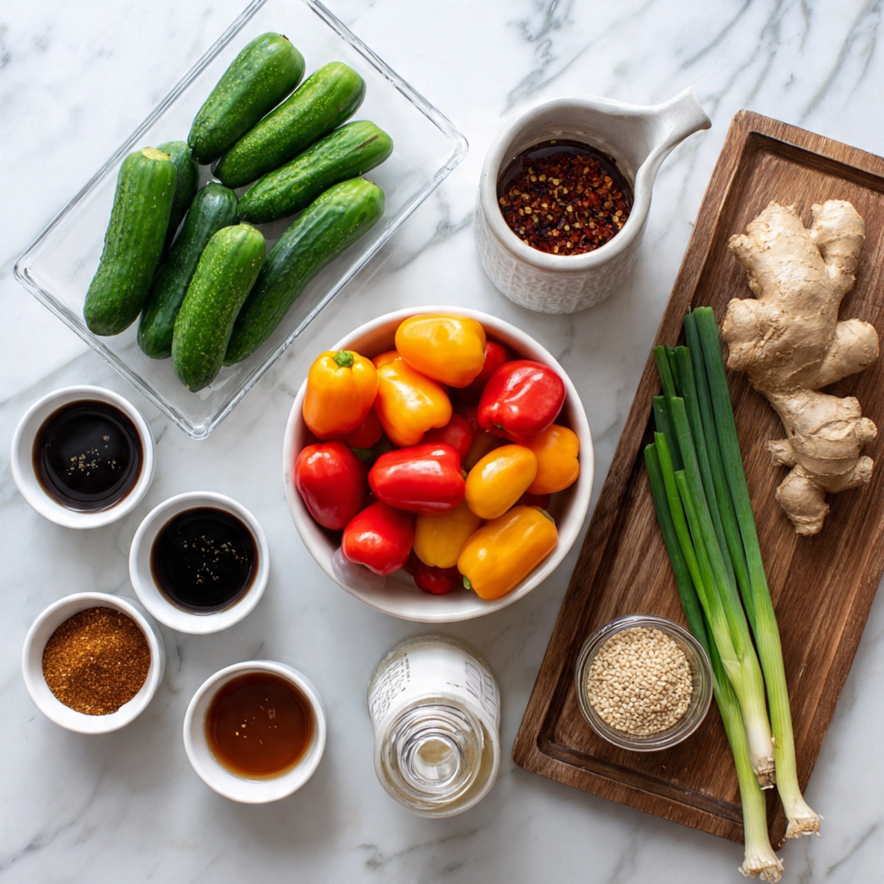 The image shows several fresh ingredients laid out on a white marbled surface. At the center bottom is a white bowl filled with small peppers in bright red, orange, and yellow colors. To the left of the bowl are three small white bowls, each holding a different liquid or sauce in dark and light colors. Above these bowls, a white ceramic cup contains a dark condiment with red chili flakes. To the top-left corner, six small green cucumbers sit on a clear plastic tray. On the right side, a rectangular wooden plate holds a piece of fresh ginger and three green onions with long green stalks and white ends. Next to the plate are two small bowls, one holding a brown granular spice and the other a mix of sesame seeds and seasonings. A small glass bottle with a white cap contains a clear liquid, placed toward the right side. The image looks clean and bright, captured from above. Photo taken with an iphone --ar 4:5 --v 7