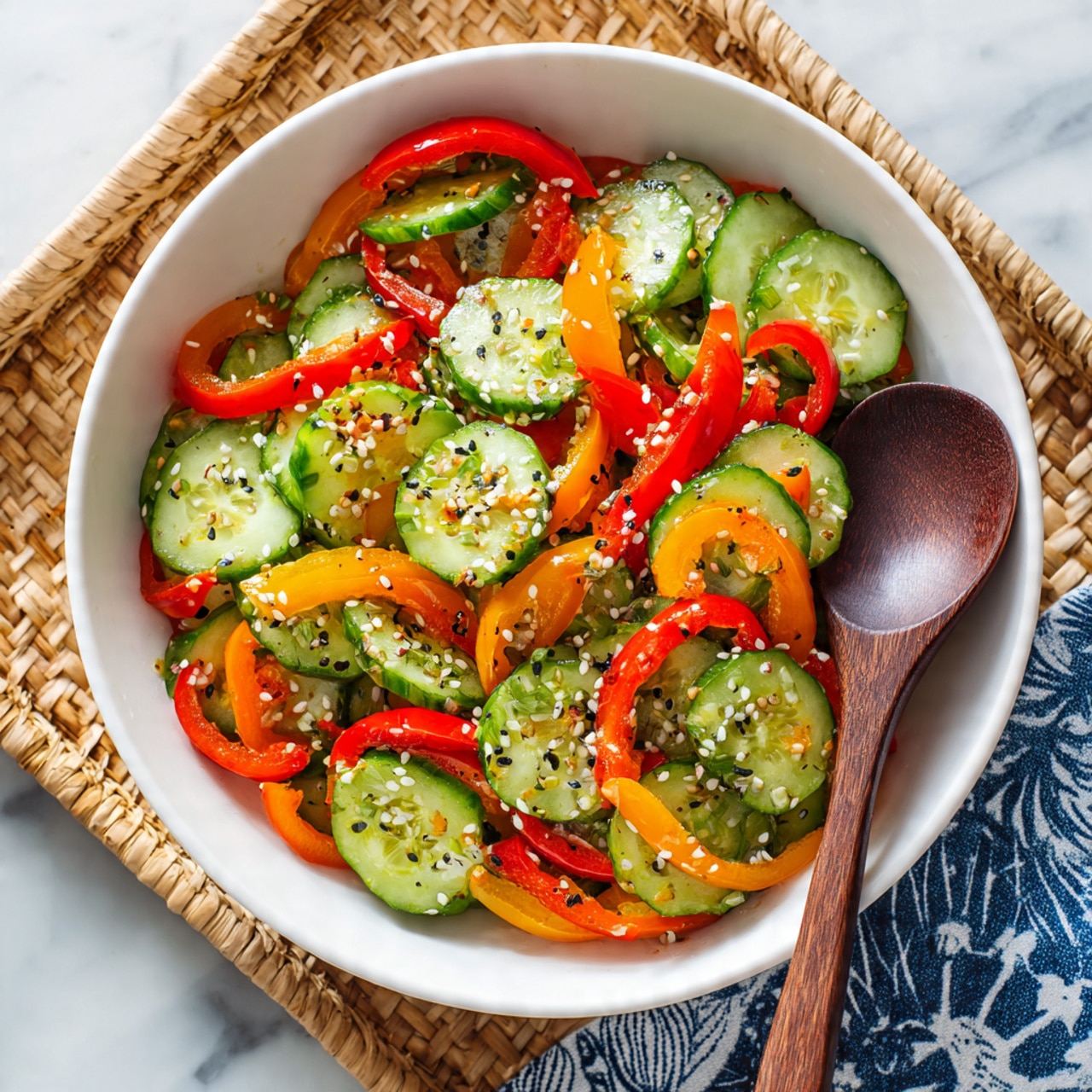 A white bowl filled with a fresh salad made of two main layers: the base layer is bright green cucumber slices, and the top layer has thin rings of red, orange, and yellow bell peppers mixed evenly. The salad is sprinkled with black and white sesame seeds and some coarse salt for texture. A dark wooden spoon rests on the right side of the bowl, partially inside the salad. The bowl is placed on a woven straw tray on a white marbled surface with a blue patterned cloth nearby. photo taken with an iphone --ar 4:5 --v 7