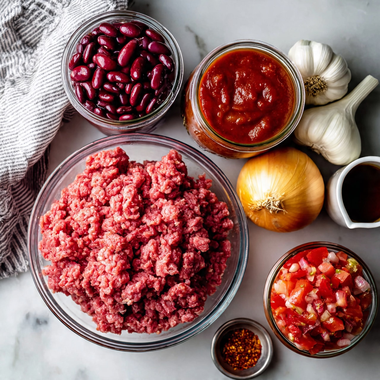 The image shows a white marbled surface with several ingredients arranged on it. In the center, there is a clear glass bowl filled with raw ground meat, pinkish-red in color with a slightly chunky texture. To the left, there are two clear glass jars, one filled with dark red kidney beans and the other with a smooth red sauce. At the back right, there is a whole yellow onion with a slightly dry outer layer. Near the center front is a whole white garlic bulb. To the right side, there is a clear glass jar filled with chopped tomatoes mixed with other ingredients, and in front of it is an open small container with red seasoning. A white cup with a dark liquid sits to the far right. A striped cloth towel partially appears at the top left corner of the image. Photo taken with an iphone --ar 4:5 --v 7