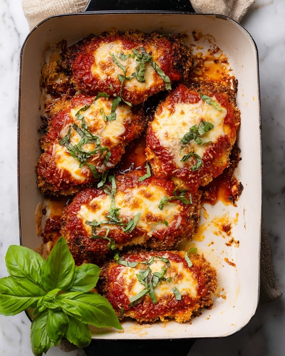 A white rectangular pan holds five pieces of breaded chicken layered with red tomato sauce on top, melted light golden cheese, and green basil leaves sprinkled over. Each chicken piece shows a crispy golden brown crust underneath. The bottom of the pan has scattered bits of browned cheese and a few small basil leaf pieces. A fresh whole basil sprig with bright green leaves is positioned near the bottom edge. The pan handle is black, and the pan rests on a white marbled surface. Photo taken with an iphone --ar 4:5 --v 7