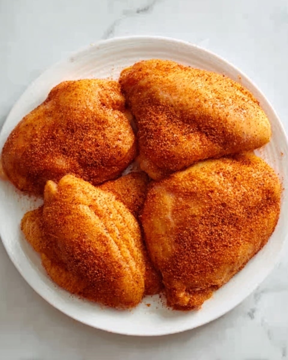 The image shows four pieces of raw chicken coated evenly with a reddish-orange spice mix, arranged close together on a white plate. The plate sits on a white marbled surface, and the chicken pieces have a smooth texture with visible spice powder covering every part. The pieces are large and plump, filling most of the round plate. photo taken with an iphone --ar 4:5 --v 7