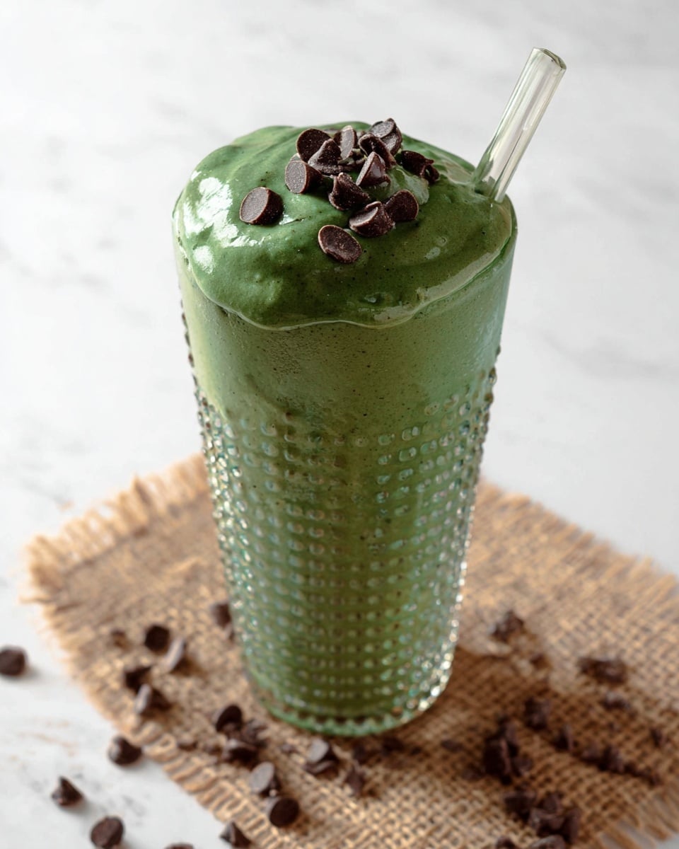 A close-up top view of a single scoop of bright green ice cream topped with small dark chocolate chips, the ice cream having a smooth and creamy texture with slight ripples. The scoop sits on a piece of burlap fabric with scattered chocolate chips on the white marbled surface below, adding texture and contrast to the image. The photo is softly lit, focusing on the vivid green and dark brown colors in the center. photo taken with an iphone --ar 4:5 --v 7
