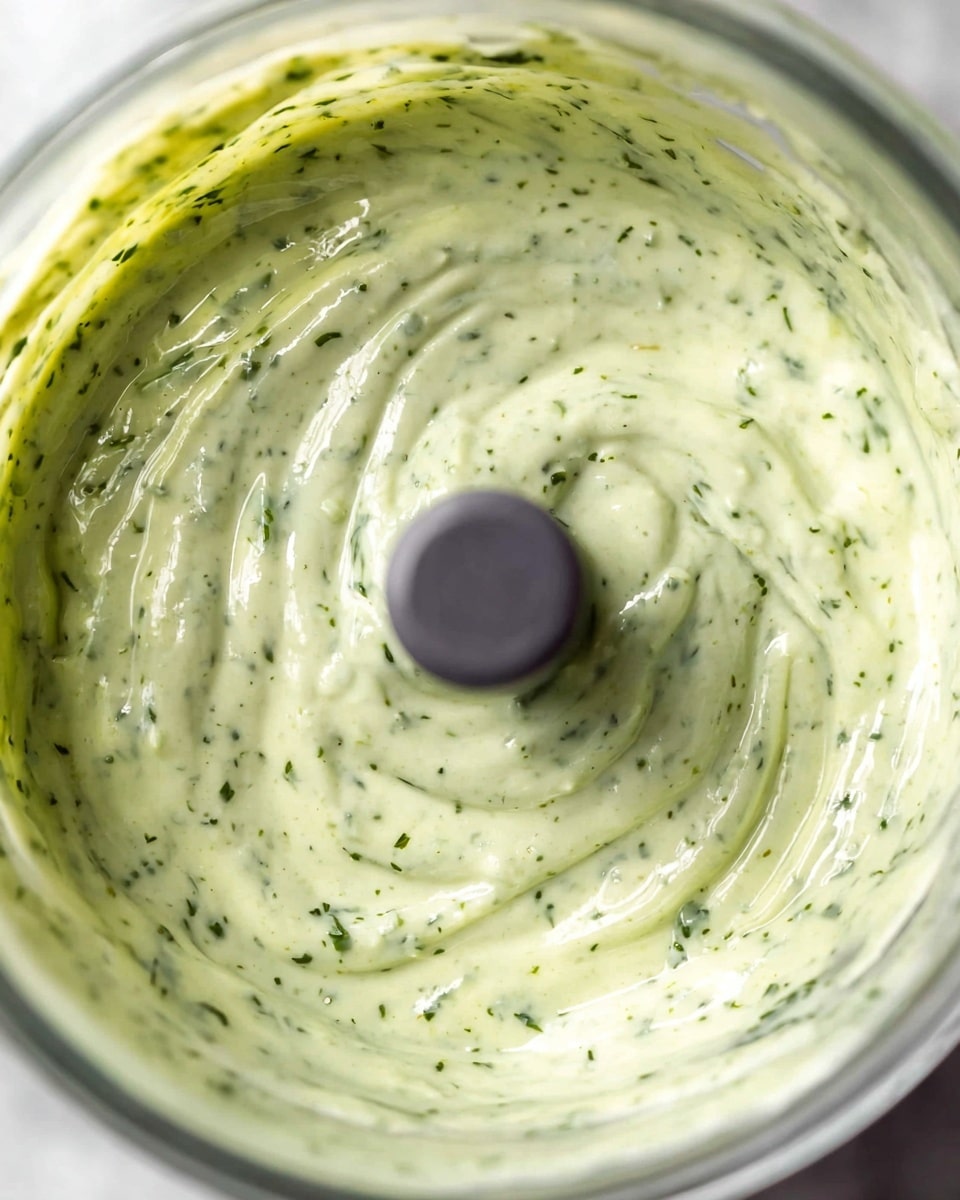 A close-up view inside a clear round container shows a creamy, light green sauce with small darker green herbs mixed evenly throughout. The sauce has a smooth, slightly thick texture with tiny lumps, swirling gently around the container's center post, which is dark grey. The white marbled surface is softly visible beneath the container. photo taken with an iphone --ar 4:5 --v 7