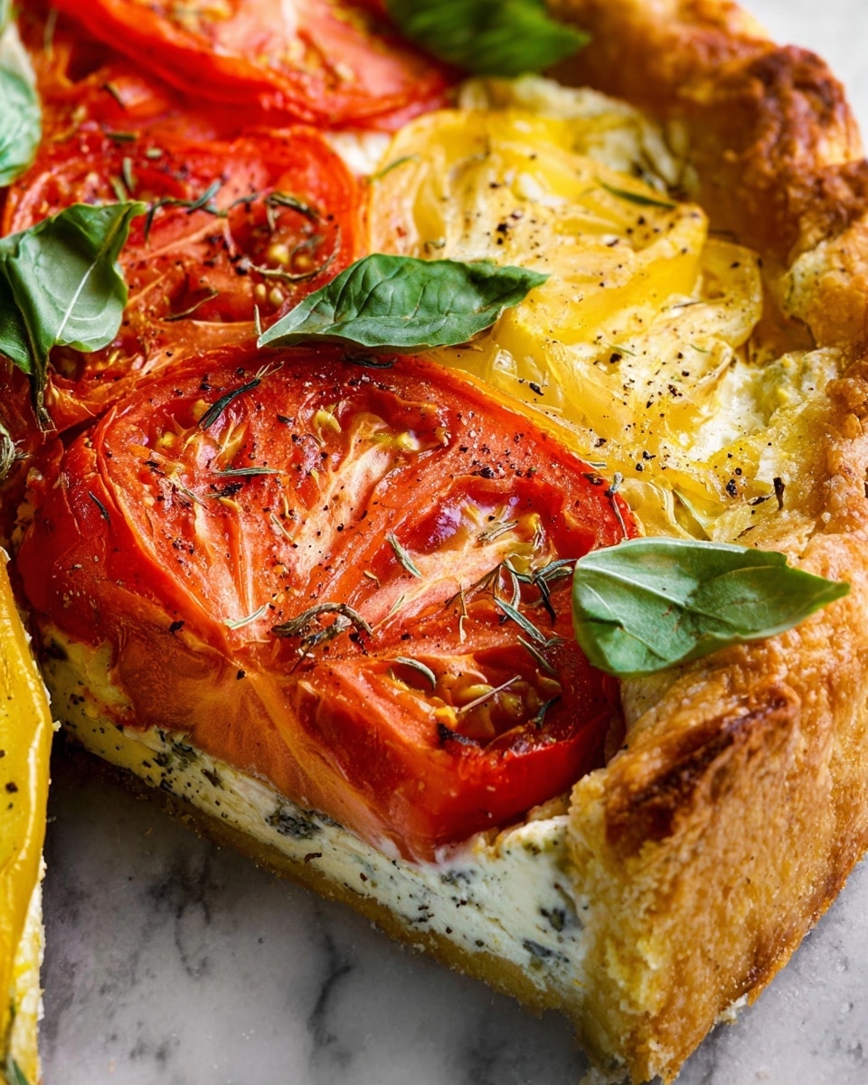 The image shows a close-up of a savory pie with three visible layers: a golden-brown, thick, and slightly crispy crust forms the bottom and edges; above it is a creamy white cheese layer dotted with herbs; the top layer has large slices of red and yellow tomatoes, some with a slightly soft texture and sprinkled with black pepper, and fresh green basil leaves placed between the tomato slices; all of this rests on a white marbled surface. photo taken with an iphone --ar 4:5 --v 7