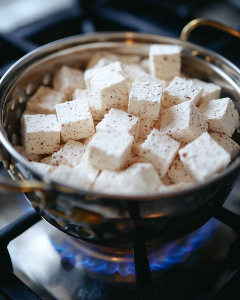 A close-up view of many small white cubes with tiny brown specks inside them sitting in a silver steamer basket. The basket is inside a silver pot on a gas stove, where blue flames are visible below. The texture of the cubes looks soft and plaster-like, and they fill most of the basket. The background and surface around the stove are a white marbled texture. photo taken with an iphone --ar 4:5 --v 7