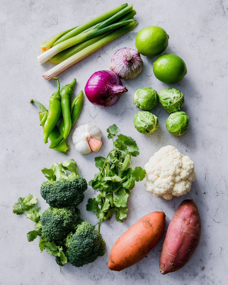 A flat lay of fresh vegetables and herbs arranged neatly on a white marbled surface. At the top left, a green chili and lemongrass stalk lie side by side, next to two garlic cloves with purple streaks, and a small red onion. To the right, two green limes sit close together. Below these, six bright green Brussels sprouts and a cluster of green snow peas are arranged in small groups. Near the center, a few white cauliflower florets create a soft contrast, while a few sprigs of fresh green cilantro lie at the bottom left. Broccoli florets with dark green heads are near the bottom center, and to the right, an orange carrot and a reddish-brown sweet potato rest side by side. The image shows a clear, fresh feeling with bright, natural lighting, photo taken with an iphone --ar 4:5 --v 7