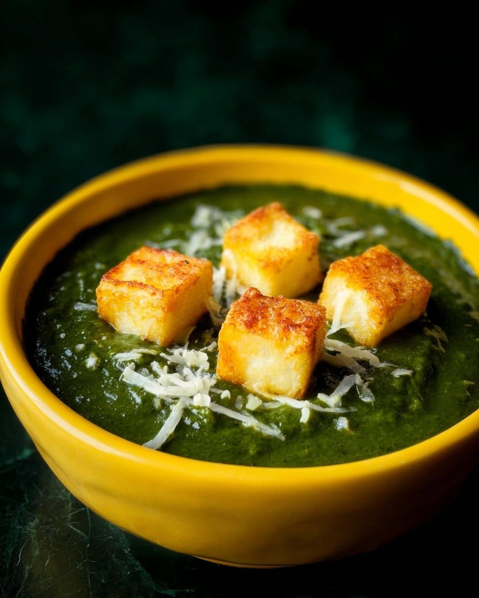 A bright yellow bowl filled with a thick dark green sauce, topped with four golden-brown cubes of cooked cheese arranged in the center. Below and around the cheese cubes, there are fine white shredded pieces partially immersed in the green sauce, adding texture. The background and surface are dark but changed to a white marbled texture. The image shows a clear close-up view, highlighting the smooth and slightly shiny texture of the sauce and the crisp edges of the cheese cubes. Photo taken with an iphone --ar 4:5 --v 7