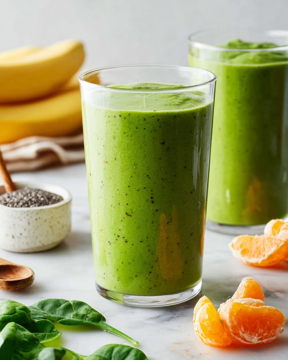 Two tall clear glasses are filled with a thick, bright green smoothie, the front glass showing smooth texture with small dark green flecks. The back glass is slightly blurred, placed slightly to the left. Around the glasses on a white marbled surface are fresh spinach leaves, a stack of bananas in the blurred background on the left, a small white bowl filled with tiny black chia seeds and a wooden spoon, and peeled segments of an orange tangerine on the right. The background is softly lit with a clean white tone, highlighting the fresh and healthy feel of the scene. photo taken with an iphone --ar 4:5 --v 7