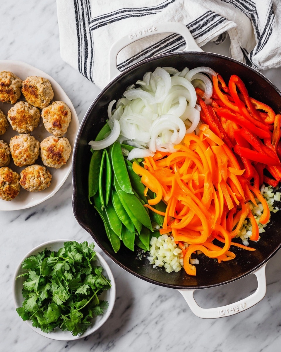 A white cast iron pan is filled with four layers of fresh vegetables, each arranged in sections: thinly sliced white onions on the left, bright orange carrot slices at the top, sliced green snap peas with a small pile of minced garlic just above them at the bottom left, and red bell pepper strips on the right side. Next to the pan, on the right, is a white plate holding nine golden brown cooked meatballs with some green herbs inside them, and below that, a small white bowl of fresh green cilantro leaves. A white cloth with black stripes is placed on the white marbled surface under the pan's handle photo taken with an iphone --ar 4:5 --v 7
