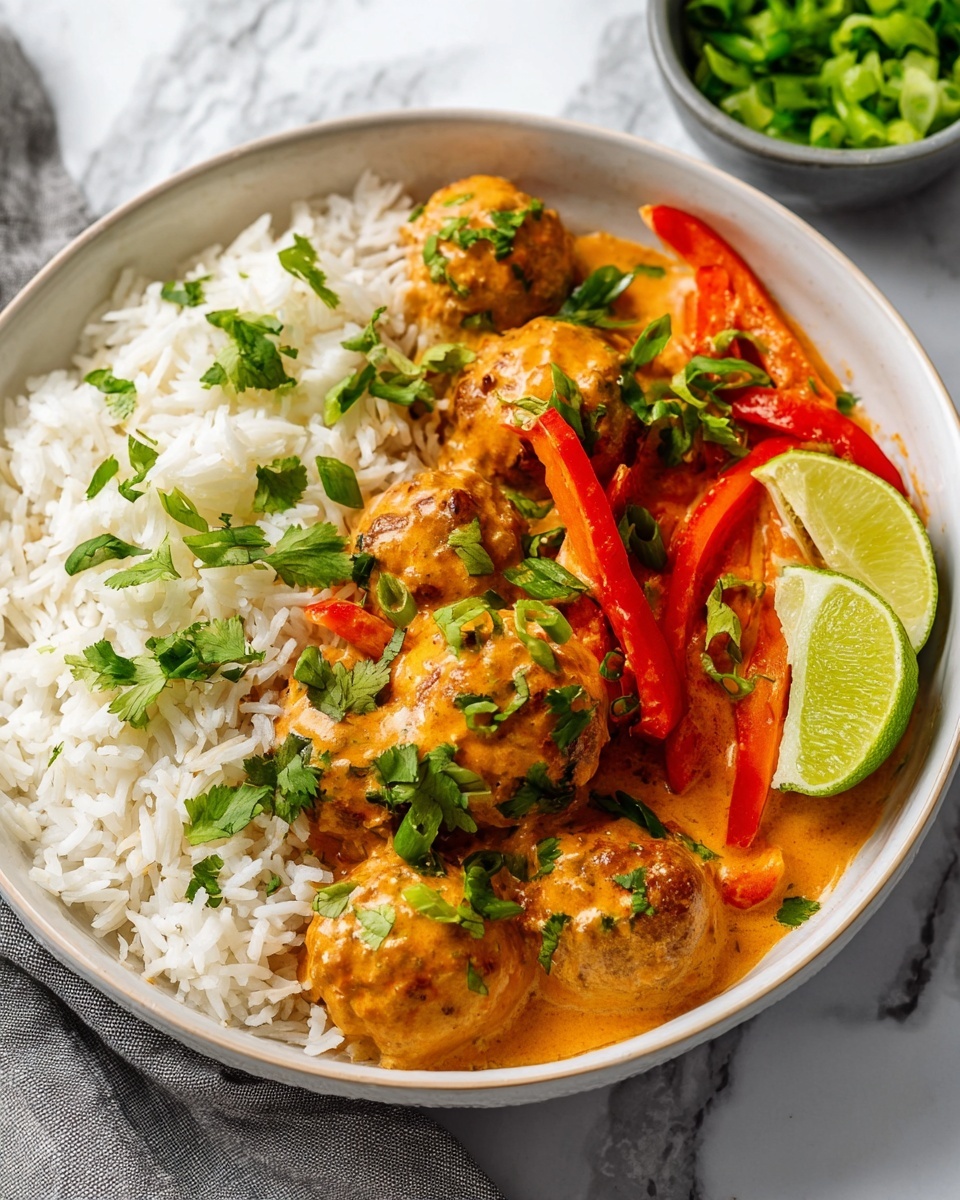 The image shows a white bowl filled with three layers: the bottom layer is fluffy white rice filling most of the bowl, the middle layer has meatballs covered with a creamy orange sauce, and the top layer includes strips of red bell peppers and carrot, sprinkled green onion pieces, and fresh green cilantro leaves. There is also a wedge of lime on the side of the bowl. The bowl is placed on a white marbled surface, with a small gray bowl of chopped green onions in the background. Photo taken with an iphone --ar 4:5 --v 7