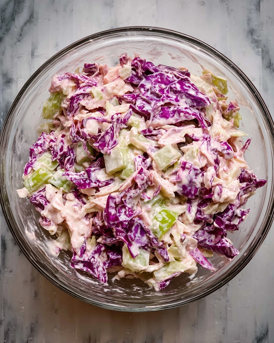 A clear glass bowl filled with a salad made of three main layers: deep purple cabbage pieces with white veins, light green celery chunks, and creamy light pink dressing coating shredded pale cabbage and vegetables mixed evenly. The bowl is placed on a white marbled surface. photo taken with an iphone --ar 4:5 --v 7