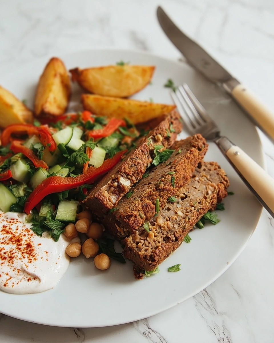 The image shows a white plate with a layered meal. The bottom layer is a colorful salad made of green cucumber slices, red bell pepper strips, green herbs, and beige chickpeas. On top of the salad, there are two thick, brown slices of a textured loaf that looks dense with visible bits of vegetables and seeds. To the side of the loaf, there are three golden-brown potato wedges. A small dollop of white sauce with a sprinkle of reddish spice sits beside the salad. A fork and a knife with a beige handle lie next to the plate on a white marbled surface. Photo taken with an iphone --ar 4:5 --v 7