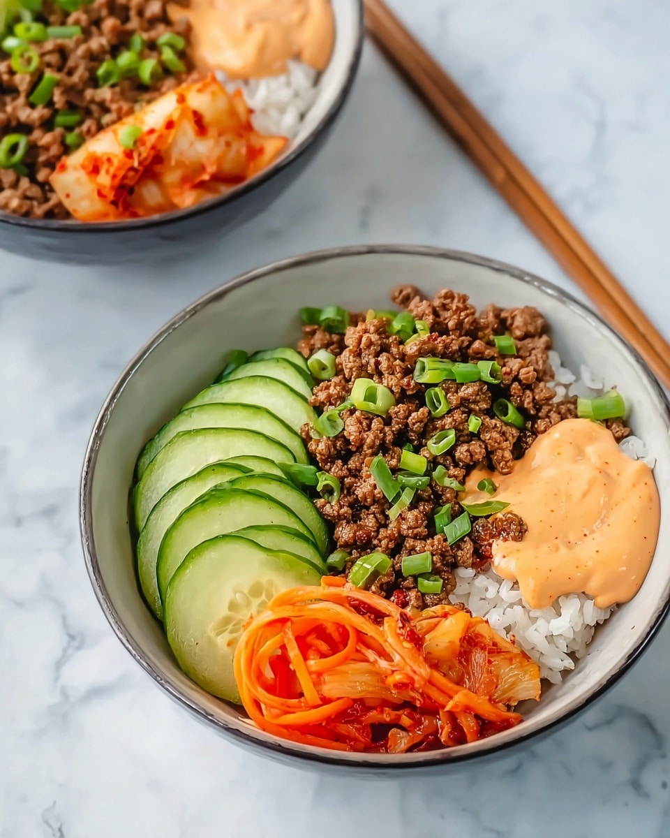 The image shows two bowls filled with a colorful rice dish placed on a white marbled surface. Each white bowl has four main layers arranged side by side: on the bottom, a bed of white rice forms the base; next, a generous portion of cooked ground meat mixed with green onions sits on one side, offering a textured brown and green layer; adjacent to the meat, there are fresh cucumber slices with a smooth, bright green color; beside the cucumbers, thin, curly orange carrot strips add a vibrant, crisp element; lastly, a small serving of reddish kimchi and a dollop of creamy orange sauce complete the dish, creating a mix of soft and crunchy textures within the bowls. Light wooden chopsticks are placed nearby. photo taken with an iphone --ar 4:5 --v 7