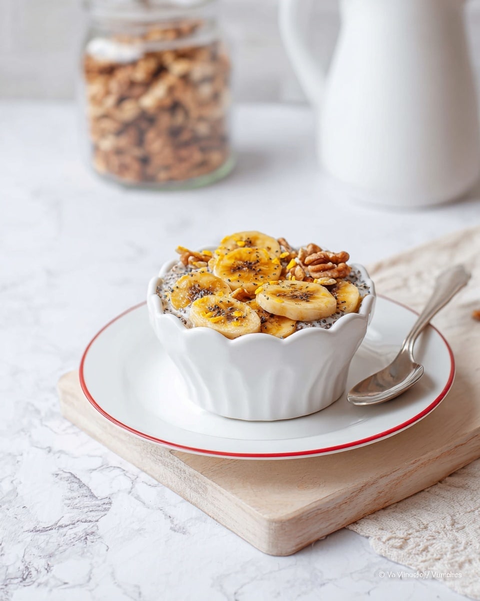A white scalloped bowl filled with a layered mix of toasted banana slices that are golden brown on top, topped with walnuts, yellow corn flakes, chia seeds, and small grains, all arranged inside the bowl. The bowl sits on a white plate with a thin red rim, and a silver spoon rests beside the bowl on the plate. Everything is placed on a light wooden board set on a white marbled texture surface. In the background, there is a white ceramic pitcher and a jar filled with more walnuts, both softly blurred. Photo taken with an iphone --ar 4:5 --v 7