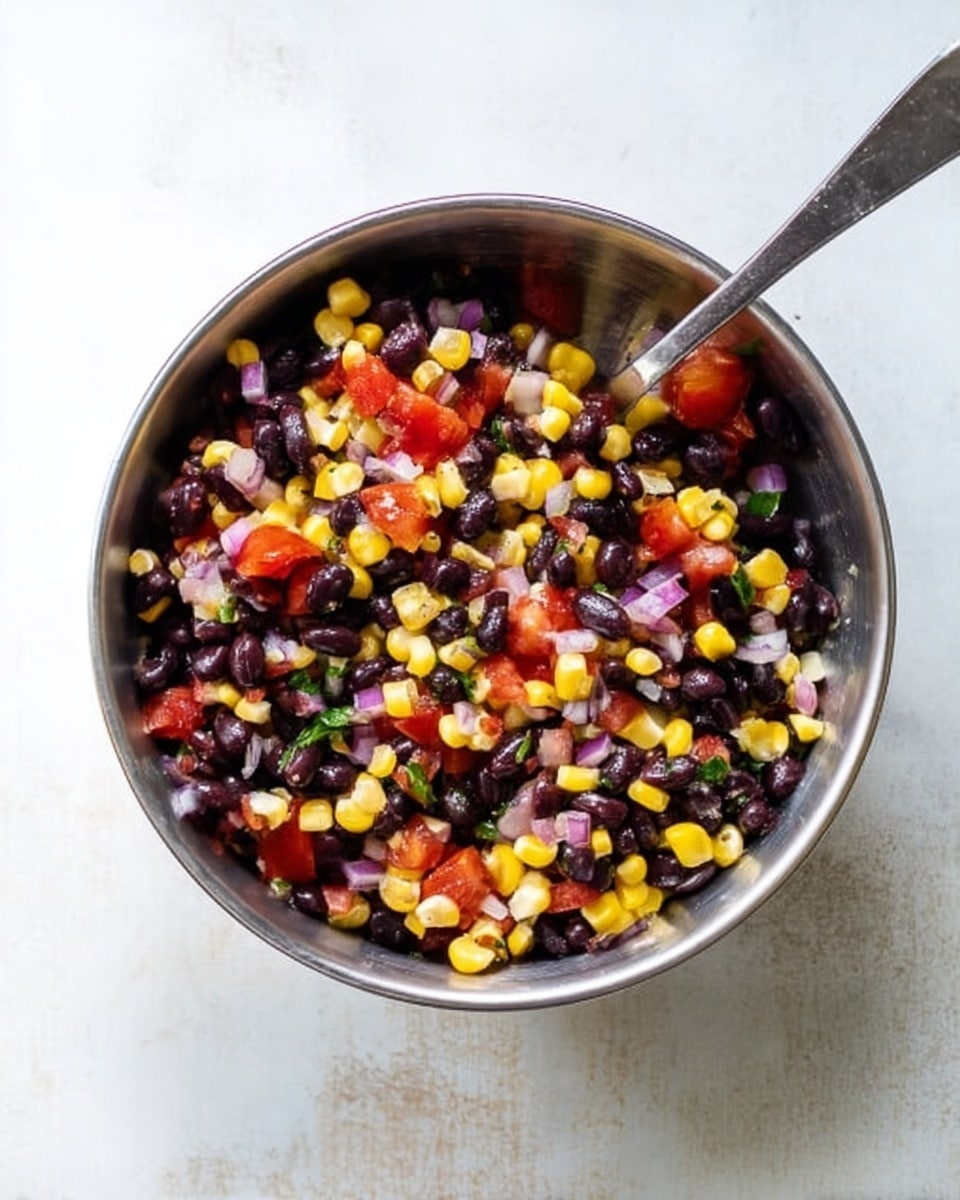 A metal bowl filled with a colorful mix of black beans, yellow corn, small red tomato pieces, and tiny purple onion bits, all evenly mixed together with a few green herb flecks scattered throughout. A silver spoon is placed inside the bowl, leaning slightly to one side. The bowl sits on a white marbled surface with soft natural light highlighting the fresh, vibrant colors of the ingredients. photo taken with an iphone --ar 4:5 --v 7