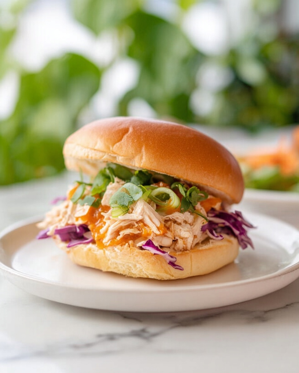 A sandwich with a soft, golden-brown bun on top and bottom. The bottom bun holds a layer of shredded purple cabbage, crisp and fresh. Above this is a layer of shredded white chicken mixed with bright orange bell pepper pieces. Small green herb leaves and light green sliced scallions rest on top of the chicken, adding freshness. The sandwich sits on a white plate on a white marbled surface, with a blurred background of green plants. Photo taken with an iphone --ar 4:5 --v 7