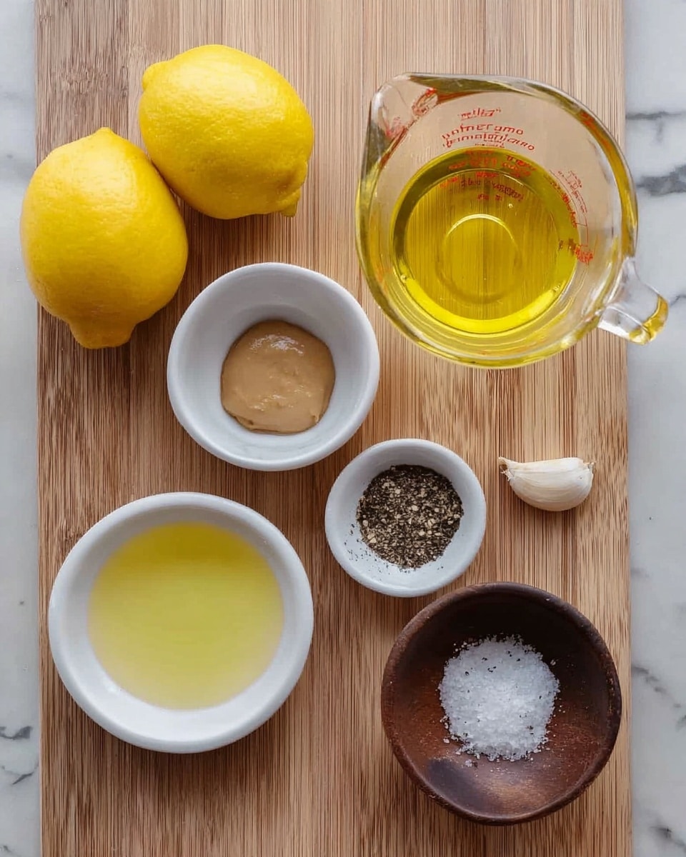 The image shows seven ingredients arranged neatly on a wooden surface. Starting from the top left, there are two bright yellow lemons next to a small white bowl with a smooth, tan paste inside. To the right, there is a clear glass measuring cup holding a golden yellow liquid. Below the lemons, a white bowl holds a pale yellow liquid. To the right of that, a small dark brown wooden bowl contains white granules of salt. Next to the salt bowl, a small white bowl with yellow inside holds ground black pepper. Lastly, a single small white clove of garlic sits near the pepper bowl. The background is a white marbled texture. photo taken with an iphone --ar 4:5 --v 7