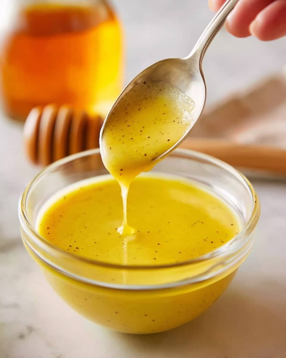 A close-up image shows a glass bowl filled with a smooth, yellow sauce with tiny black specks. A spoon, held above the bowl by a woman's hand, drizzles the sauce back into the bowl, creating a thin stream. In the background, there is a wooden honey dipper and a blurred bottle of golden liquid sitting on a white marbled surface. The overall look is bright and fresh with warm tones. photo taken with an iphone --ar 4:5 --v 7