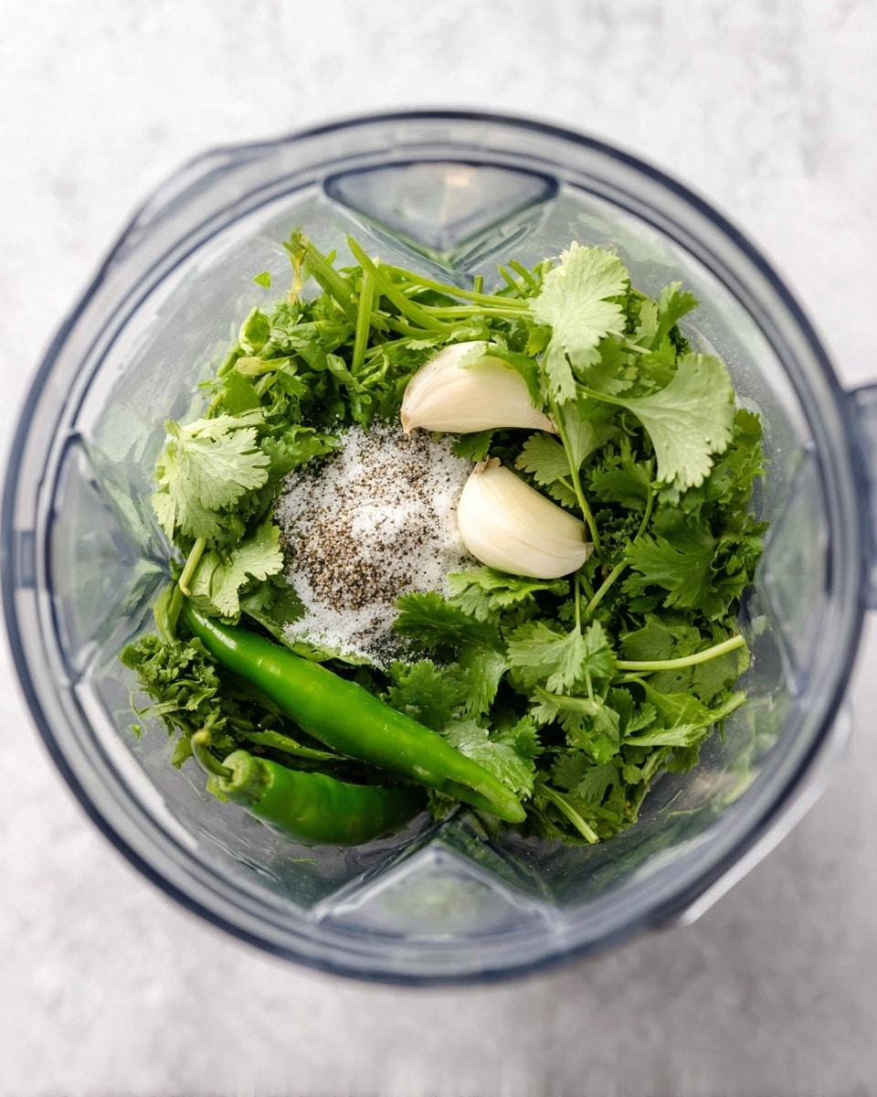 Inside a clear blender container, there is one full layer of fresh, bright green cilantro leaves spread around. On top of the cilantro, there is a small pile of coarse white salt with black pepper sprinkled over it. Next to the salt, there is a single whole peeled garlic clove, which is light cream color. Alongside the garlic, there are a few fresh green chili peppers laid down. The blender is placed on a white marbled surface. Photo taken with an iphone --ar 4:5 --v 7